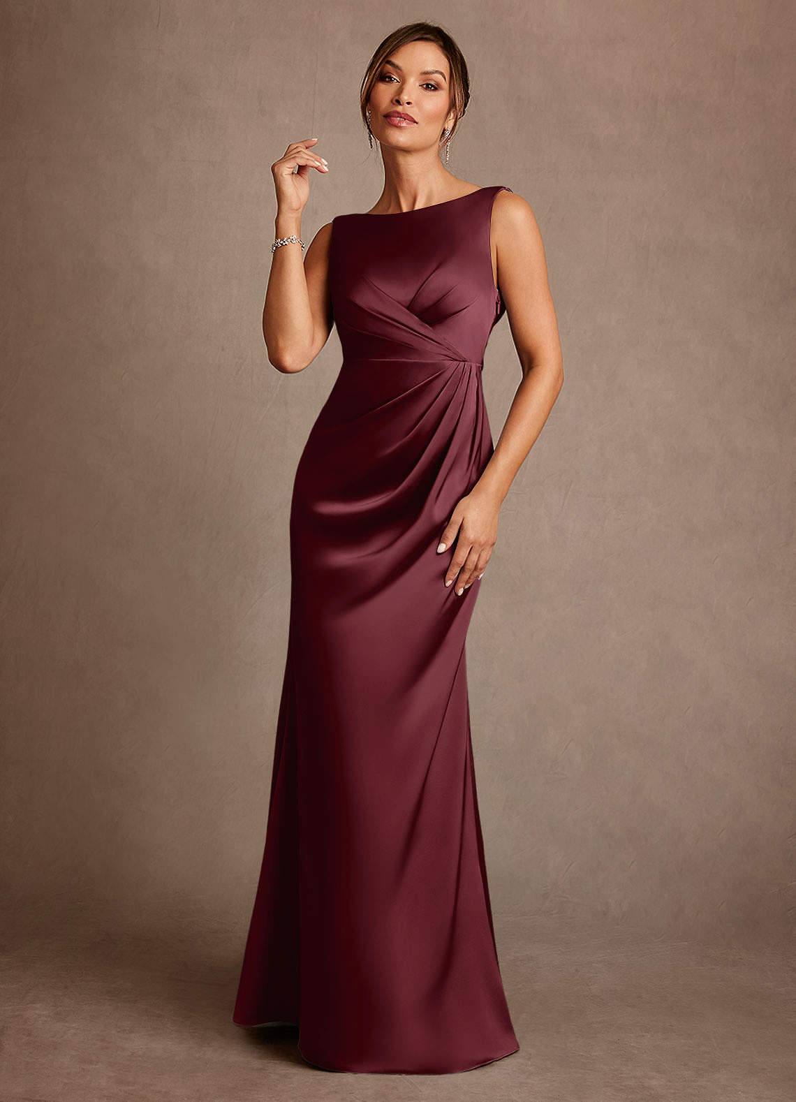 Azazie Baltimore Mother of the Bride Dresses Cabernet A-Line Pleated Stretch Satin Dress image1