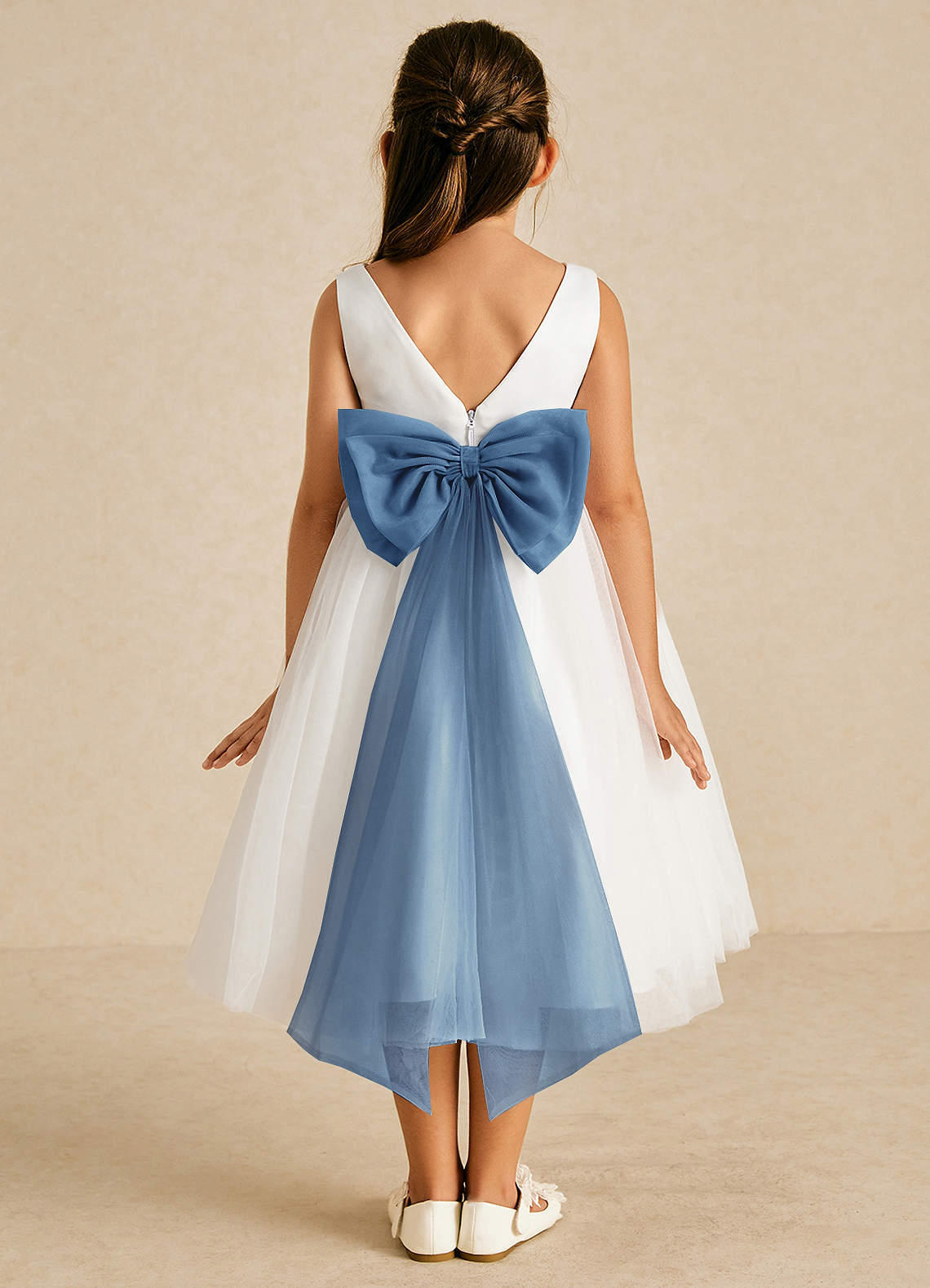 Azazie Kavi Flower Girl Dresses Ivory Steel Blue A-Line Bow Matte Satin Dress image1