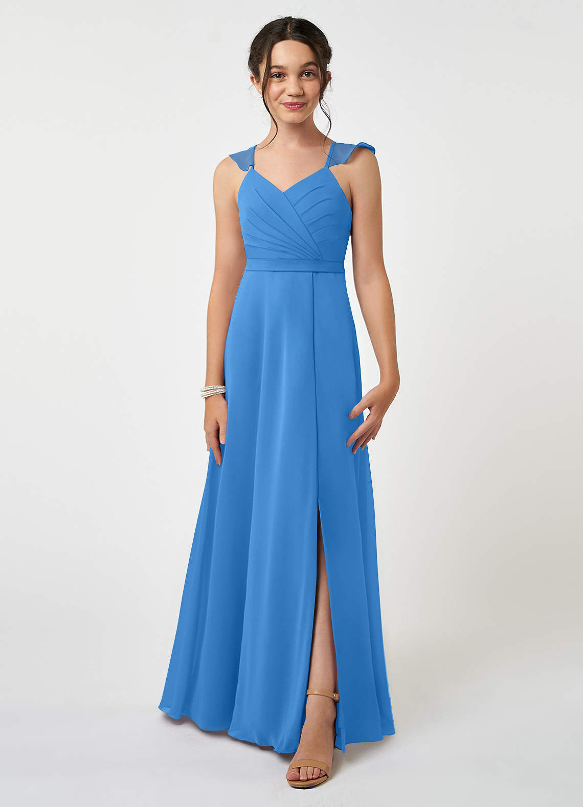 Azazie Emily Junior Robe Trapèze en Mousseline de soie Rayé Geai Bleu image1