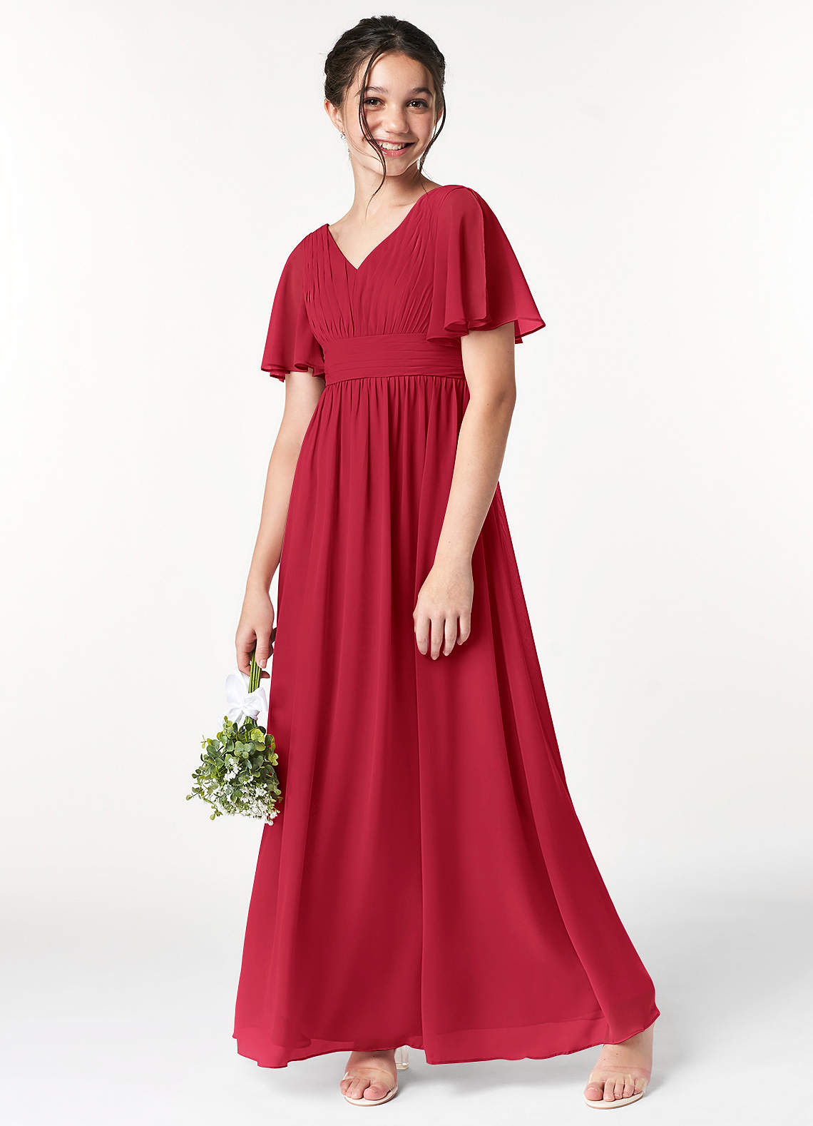 Azazie Temeka Junior Scarlet A-Line Pleated Chiffon Dress image1
