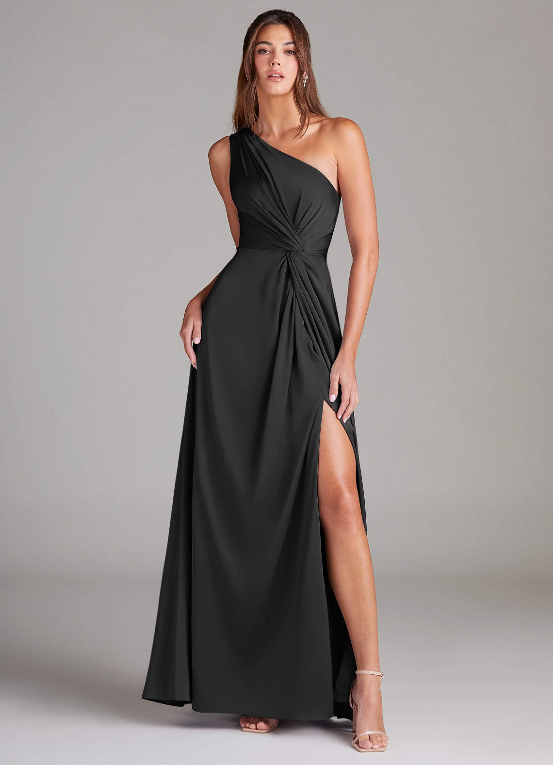 Azazie Brooke Bridesmaid Dresses Black A-Line One Shoulder Stretch Satin Dress image1