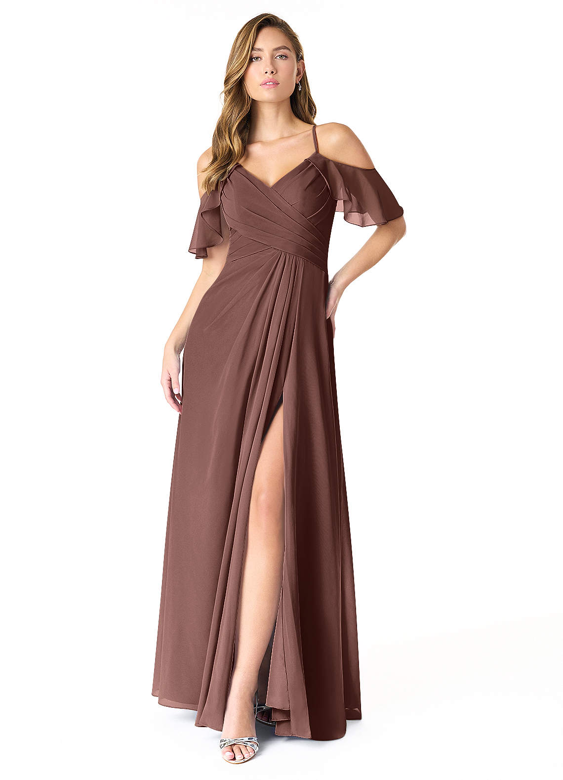 Azazie Dakota Bridesmaid Dresses Espresso A-Line V-Neck Pleated Chiffon Dress image1