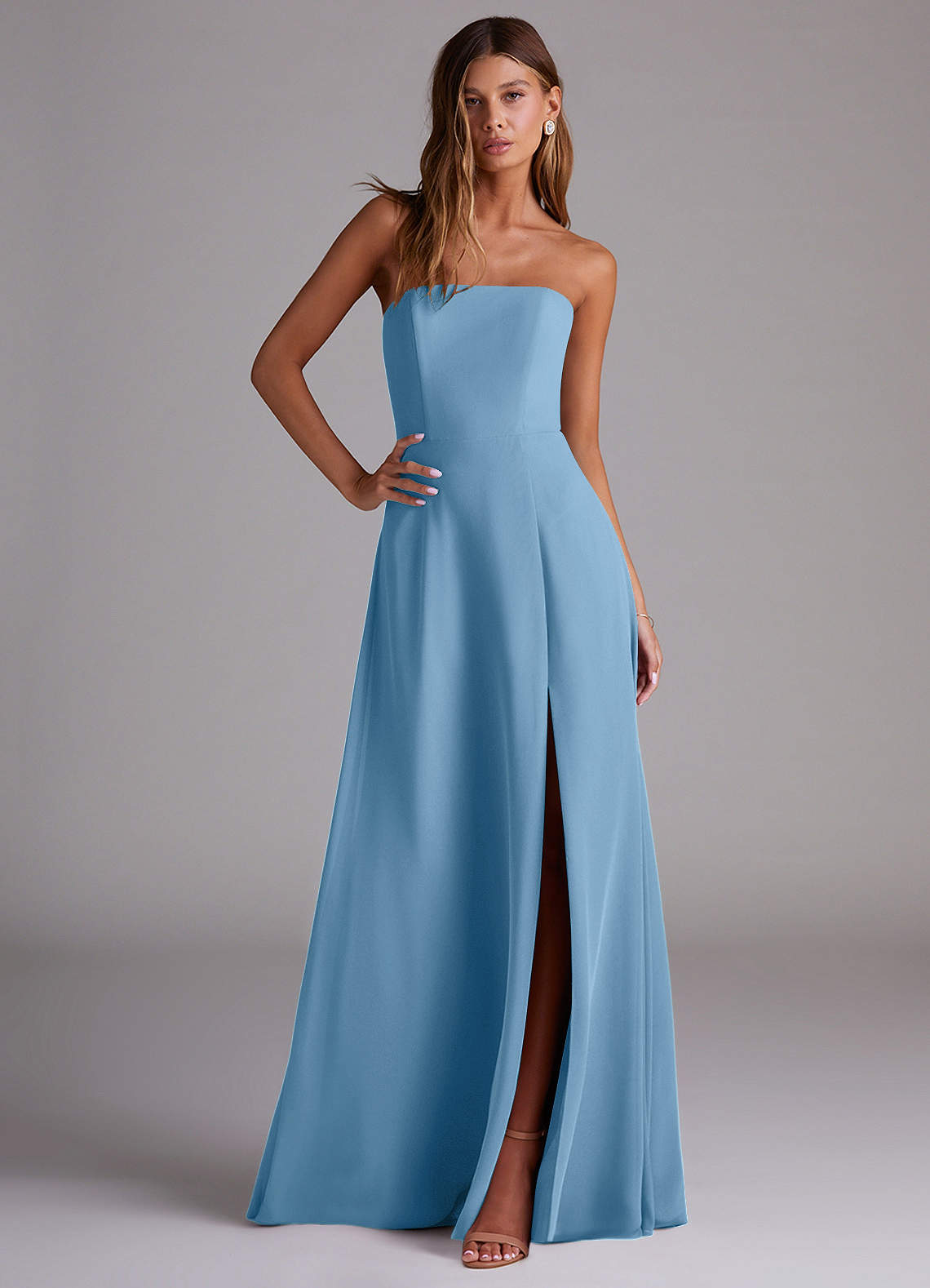 Azazie Wren Bridesmaid Dresses Steel Blue A-Line Side Slit Chiffon Convertible Dress image4