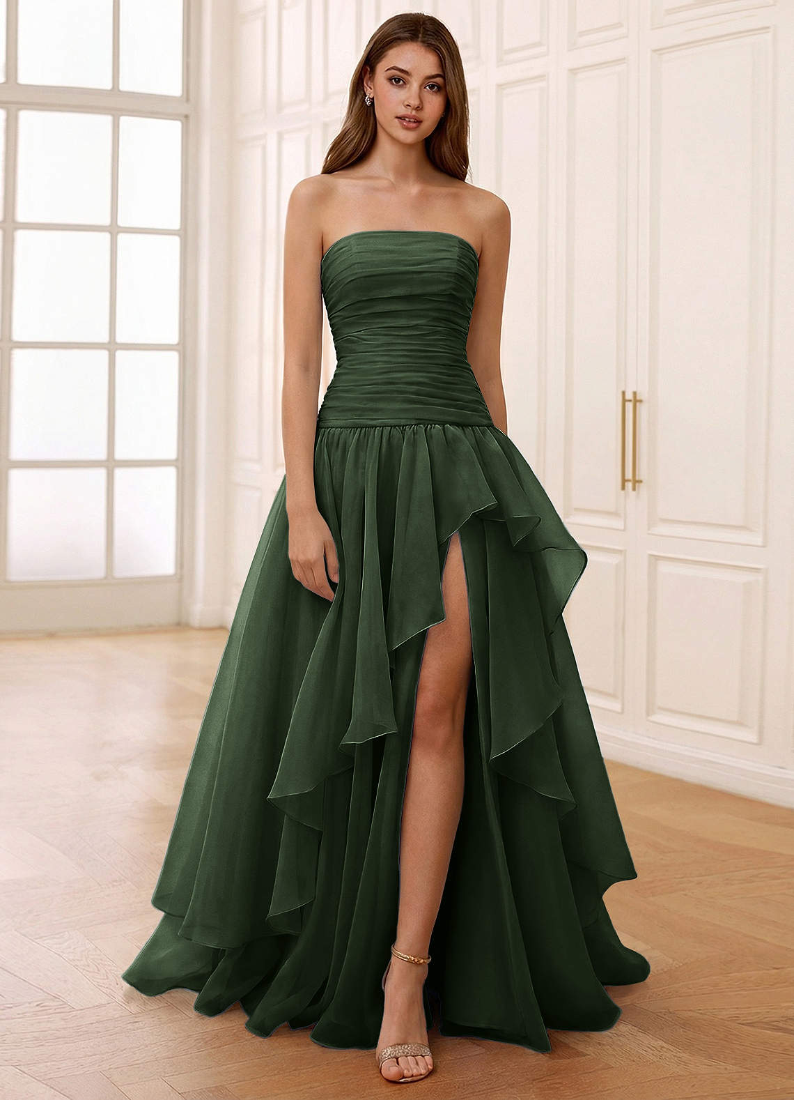dark green tulle prom dress Dark Green Tulle A-Line One-Shoulder Long Prom Dresses