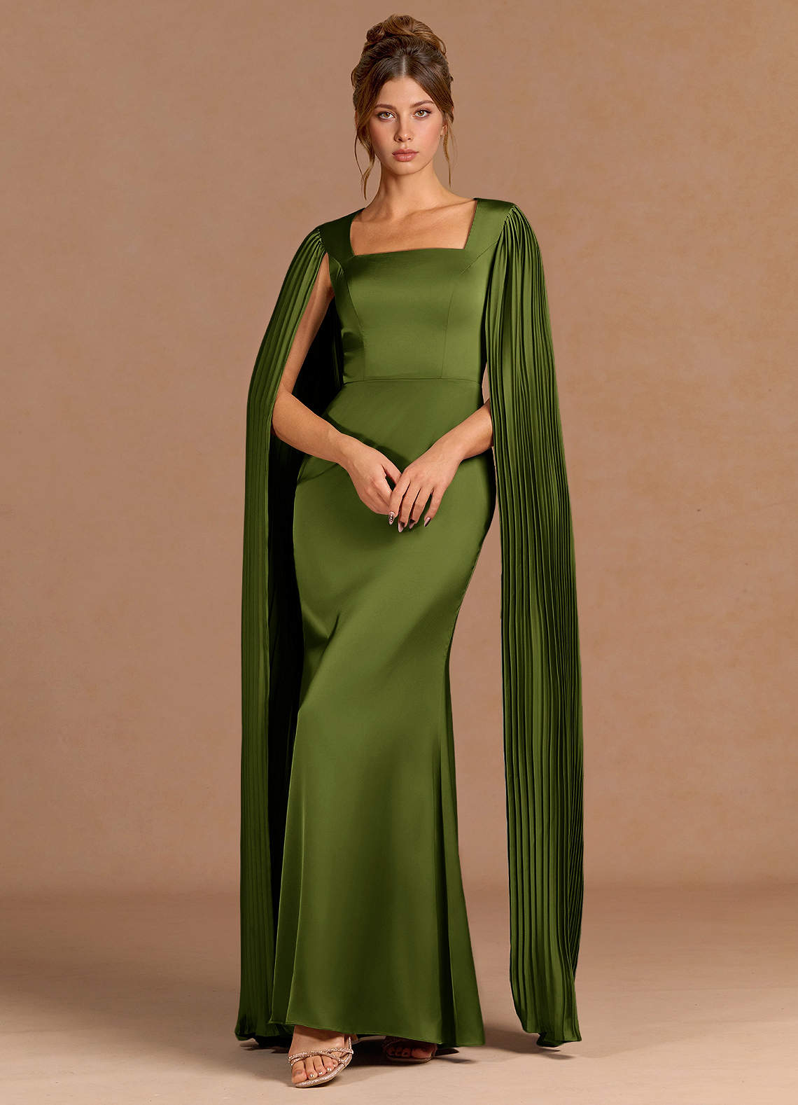 slim fit dress slacks Florence Waterfall Wrap Dress in Olive Green Satin