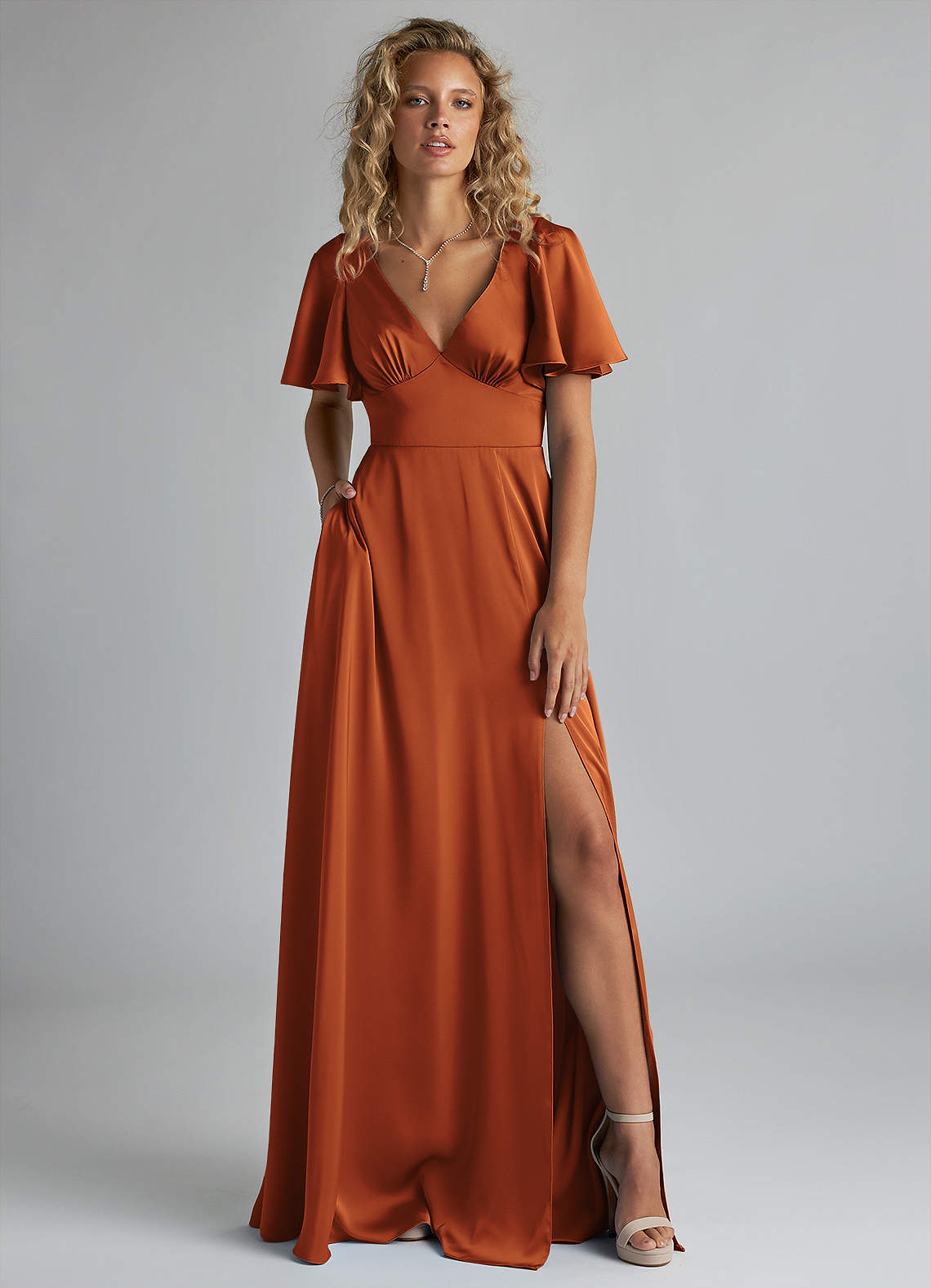 Azazie Kimber Bridesmaid Dresses Cinnamon A-Line Ruched Stretch Satin Dress image1