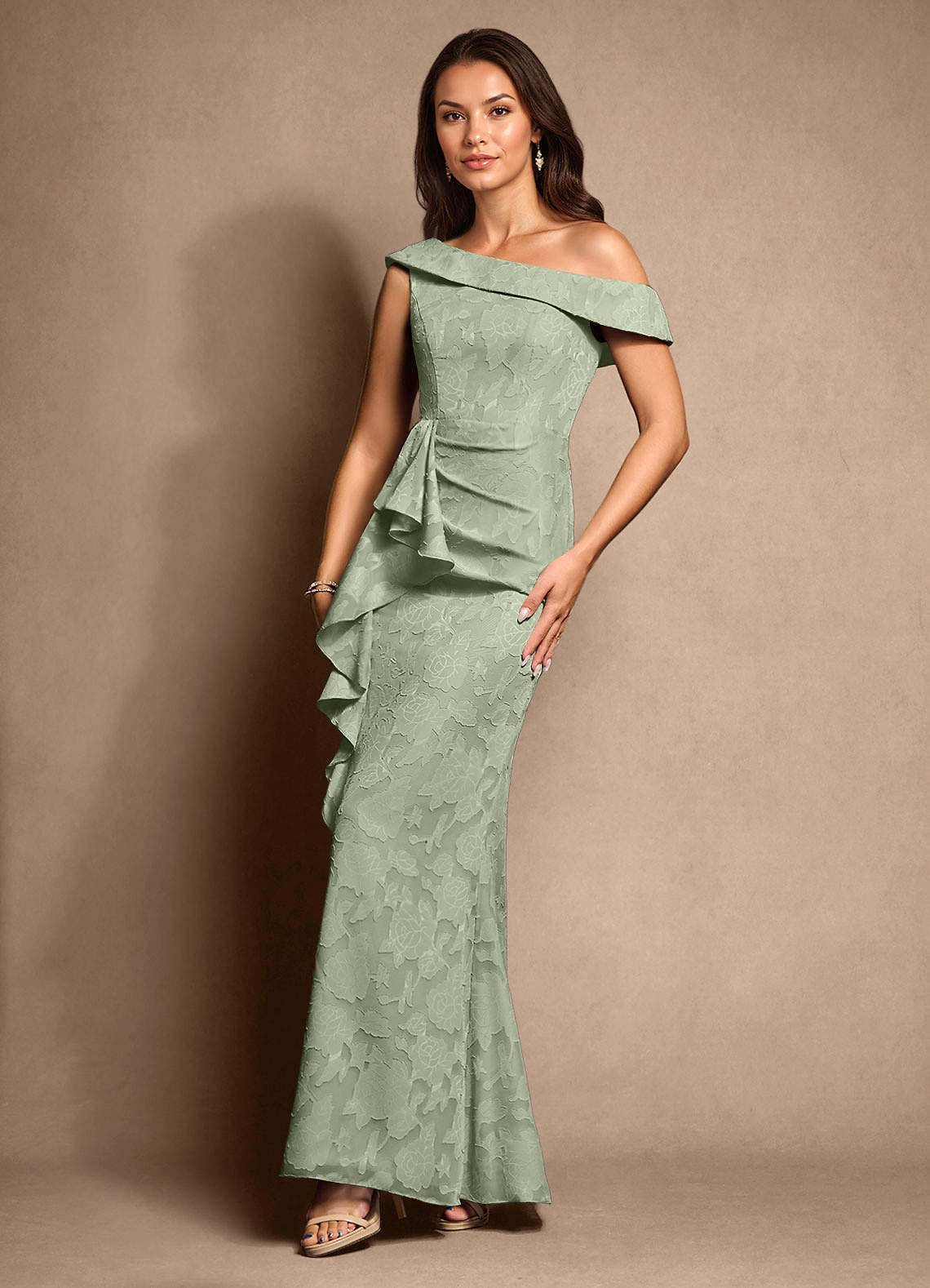 Azazie Hamptons vestidos de madre de la novia Vestido de Agave de Devorado Floral de Corte En A con Plisado image4