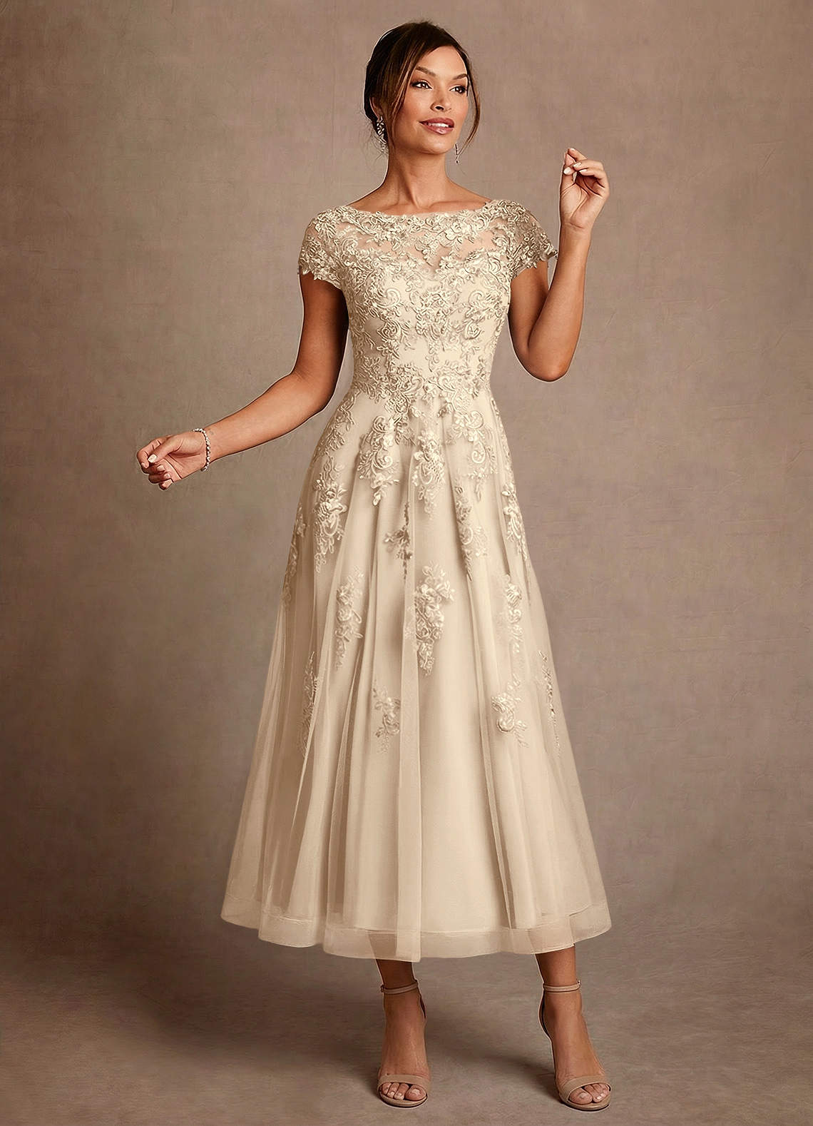 Azazie Jolanda Kleider für die Brautmutter A-Linie Spitze Kleid Champagner image2