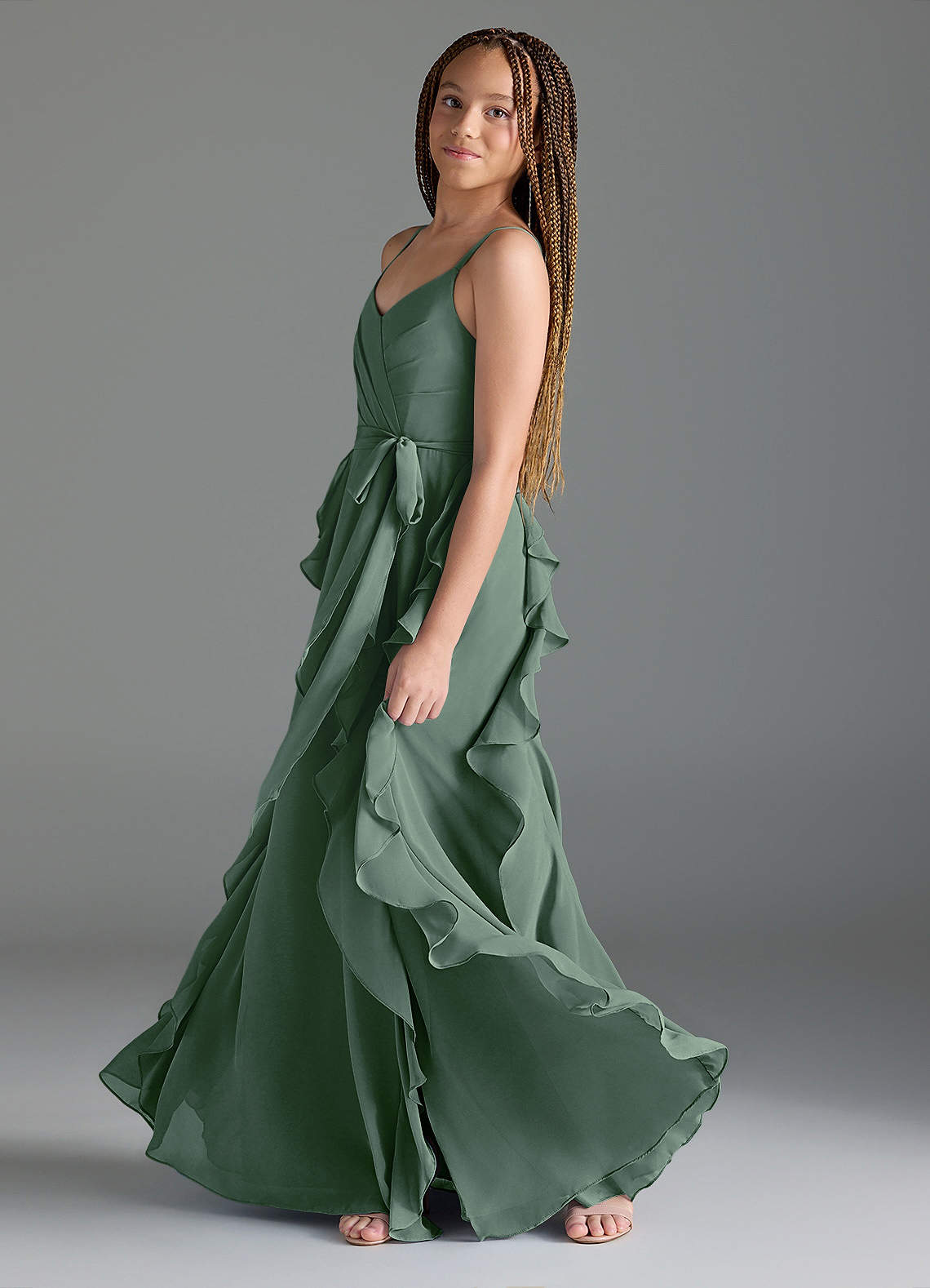 Azazie Peyton Junior Eucalyptus A-Line V-Neck Cascading Ruffles Chiffon Dress image3