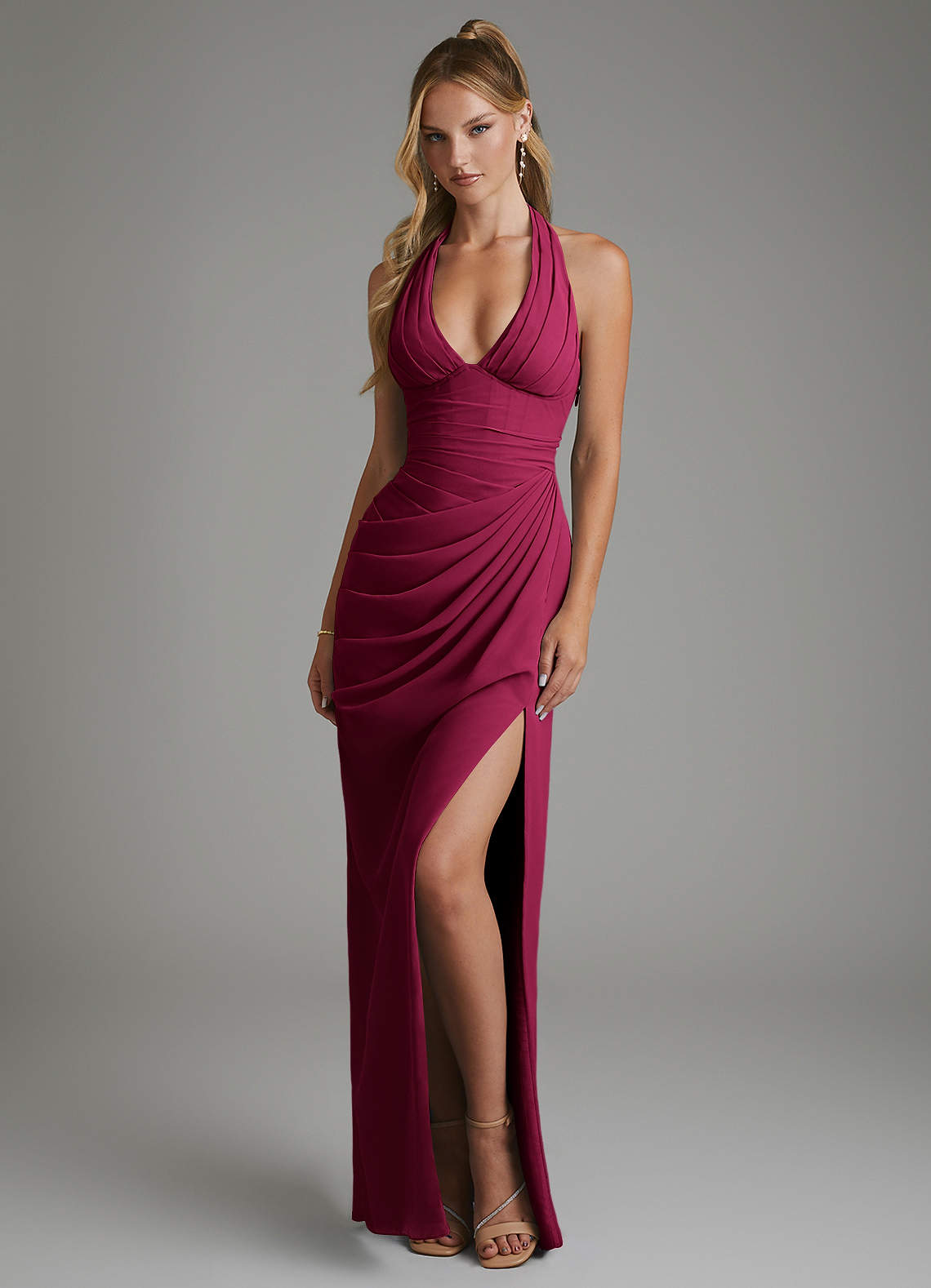 Azazie Tina At-home Try On Dresses Burgundy Mermaid Corset Chiffon Dress image3