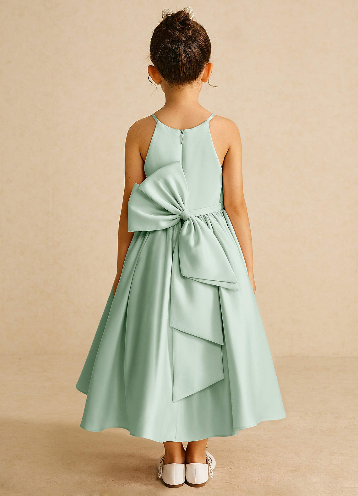 Azazie Sunray Flower Girl Dresses Agave A-Line Spaghetti Strap Matte Satin Dress image1