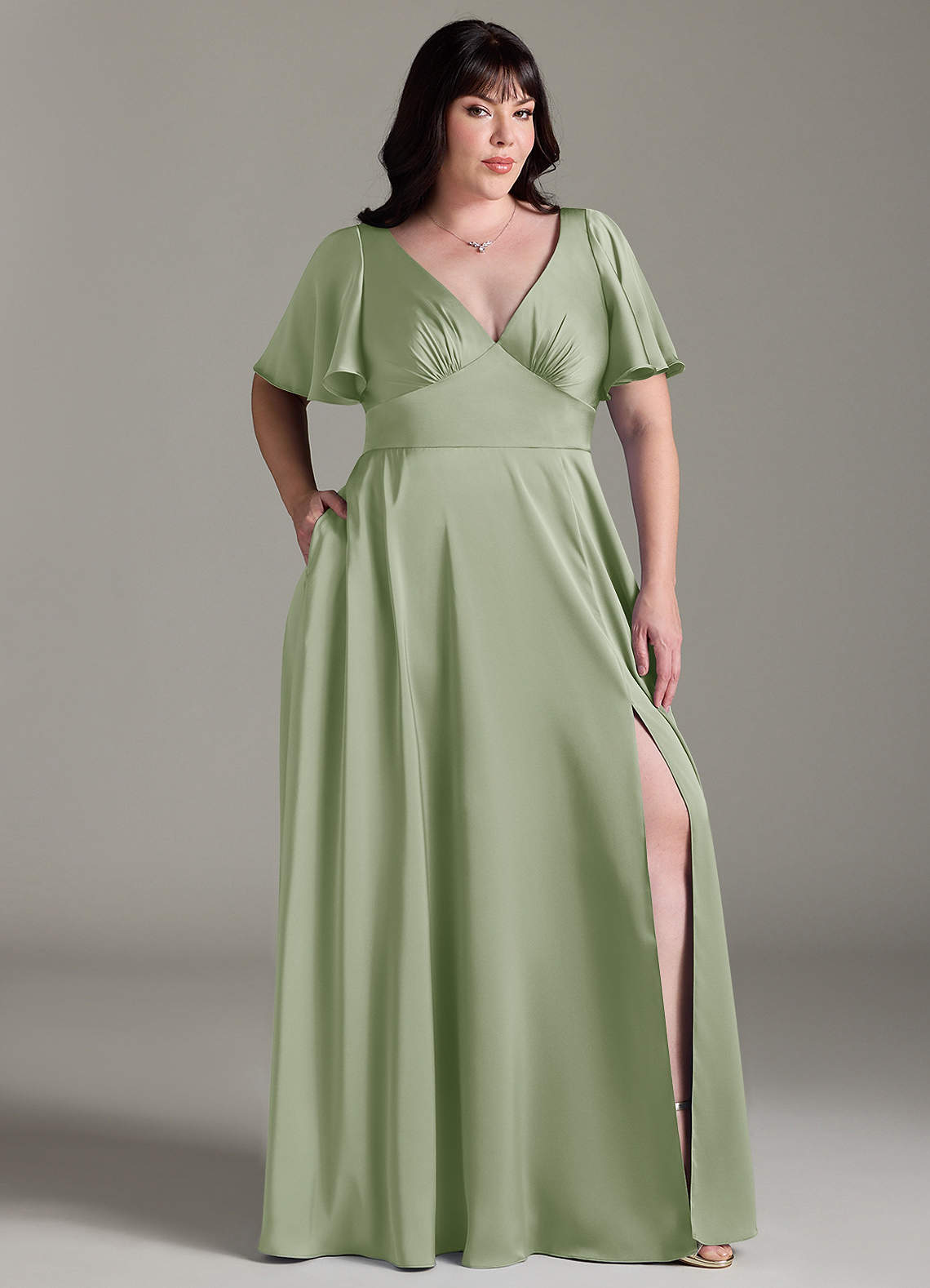 Azazie Kimber Bridesmaid Dresses Dusty Sage A-Line Ruched Stretch Satin Dress image8