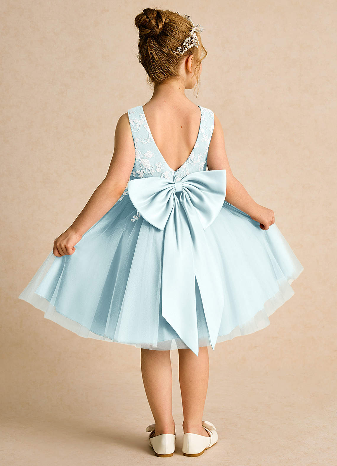 Azazie Butterfly Flower Girl Dresses Sea Glass A-Line Lace Dress image1