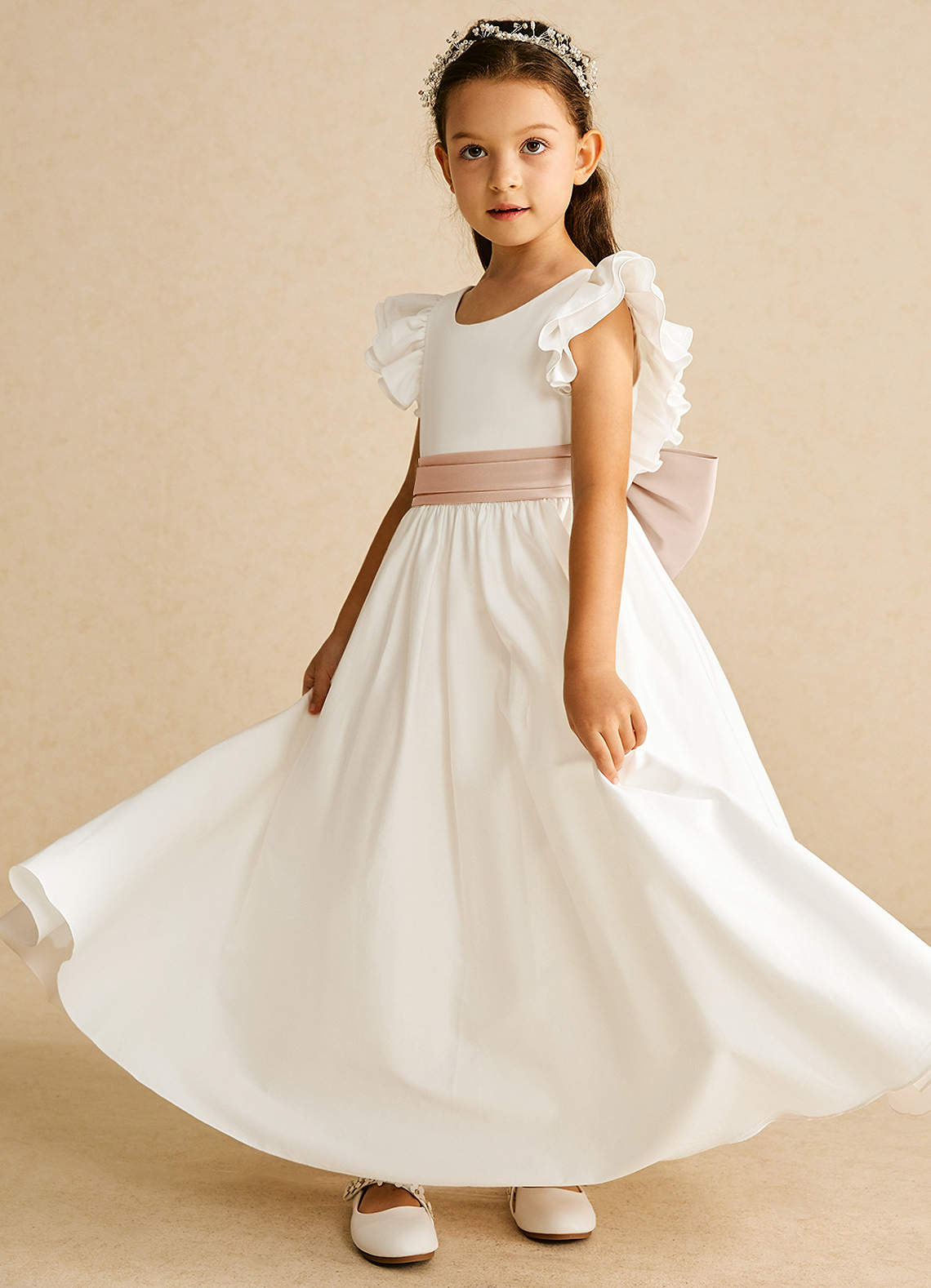 Azazie Aero Flower Girl Dresses Ivory English Rose A-Line Pleated Cotton Dress image1