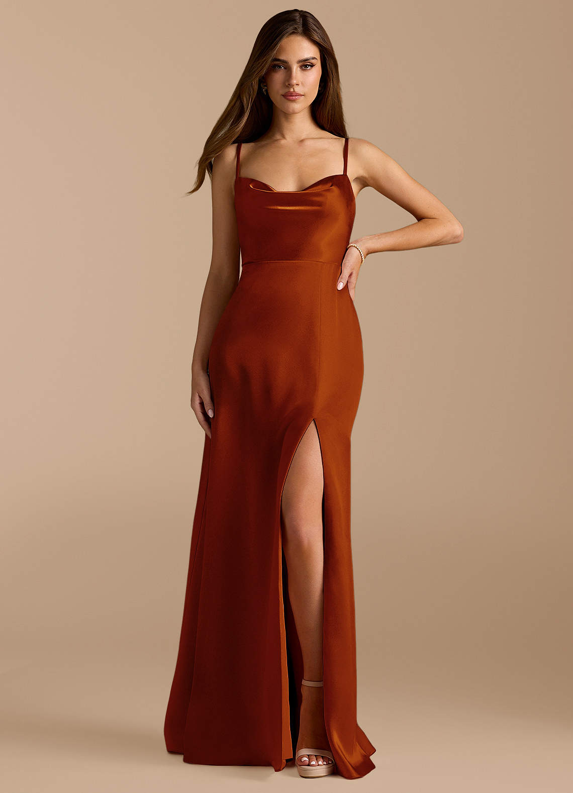 Azazie Erma At-home Try On Dresses Bronzer A-Line Side Slit Metallic Satin Dress image1