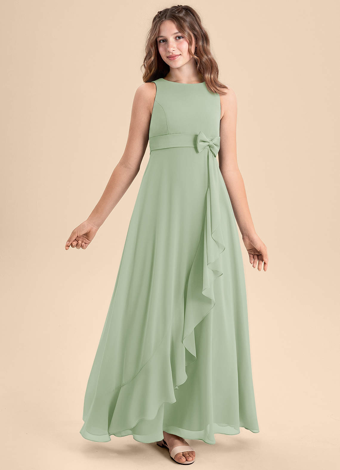 Azazie Lilenne Junior A-Linie Schleifen Chiffon Kleid Staubiger Salbeigrün image1
