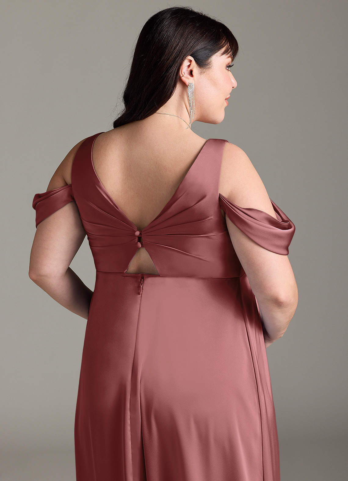 Azazie Rhea At-home Try On Dresses A-Line Off-The-Shouler Pleated Stretch Satin Floor-Length Dress image12