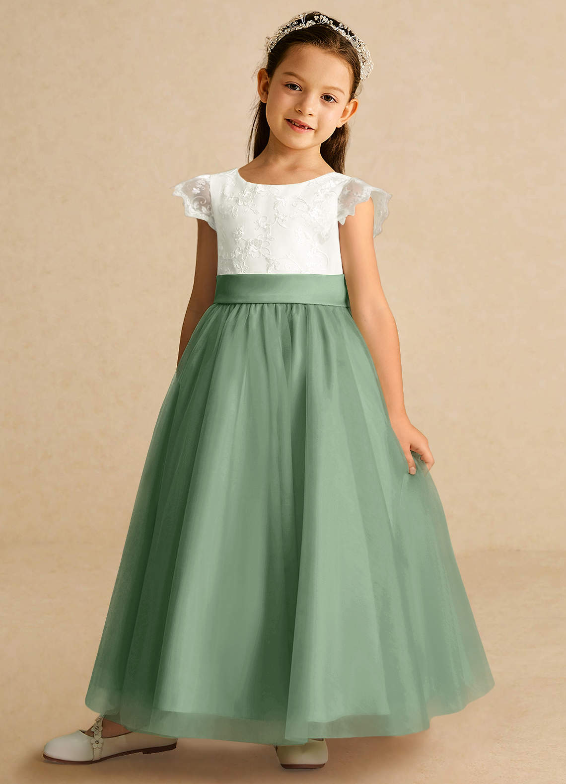 Azazie Pookie Flower Girl Dresses Matcha A-Line Lace Tulle Dress image1