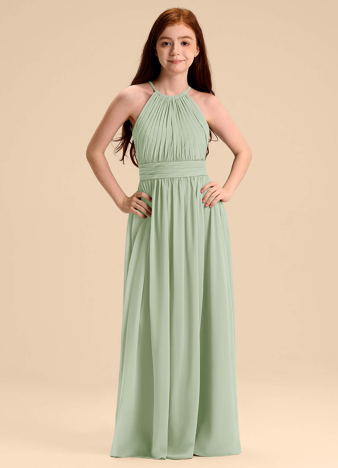 Azazie Malone Junior Vestido Dusty Sage de Chiffon de Linha A com Plissado image6