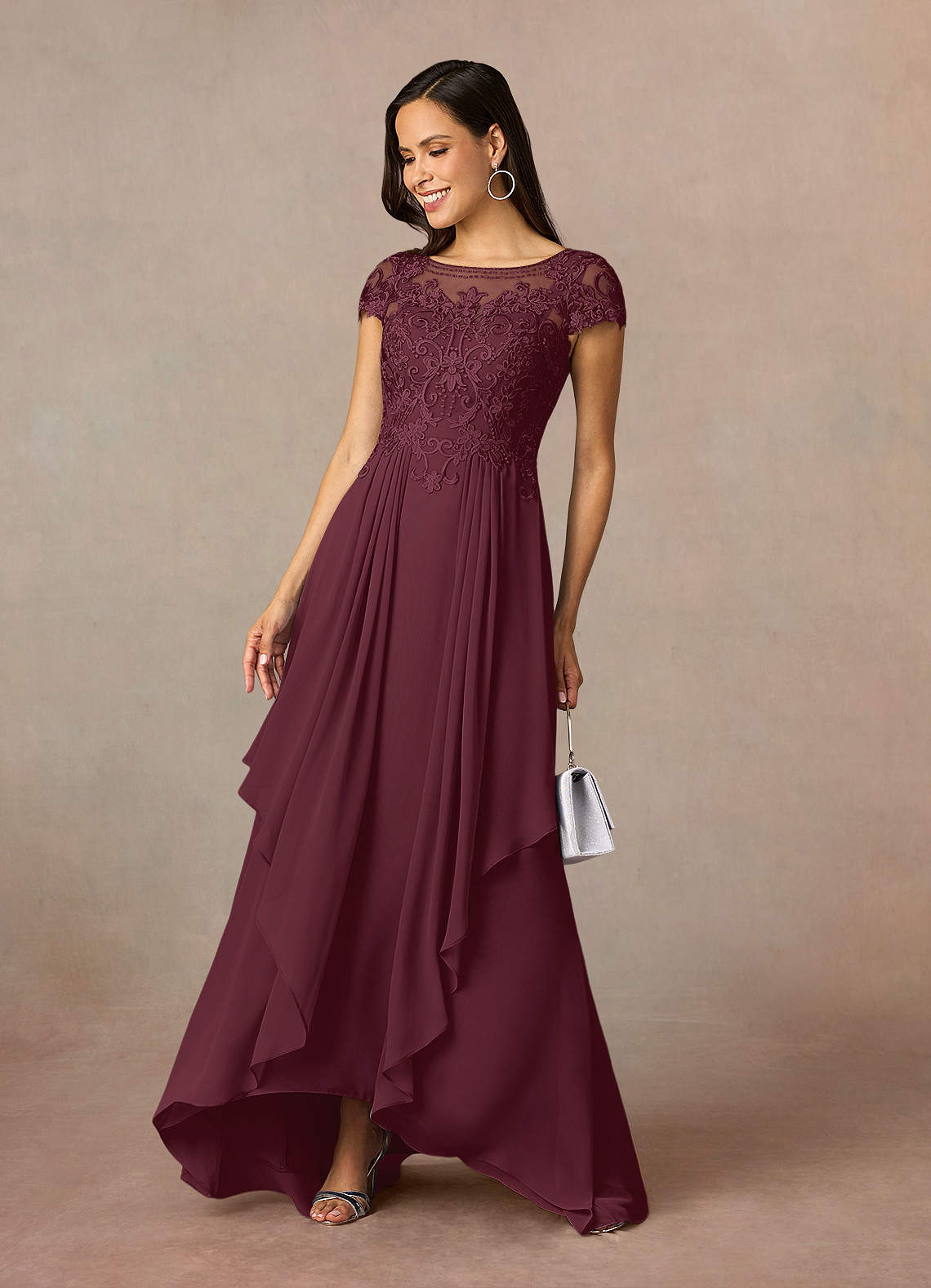 Elegant Off-the-Shoulder Lace Top Chiffon Dress Cabernet