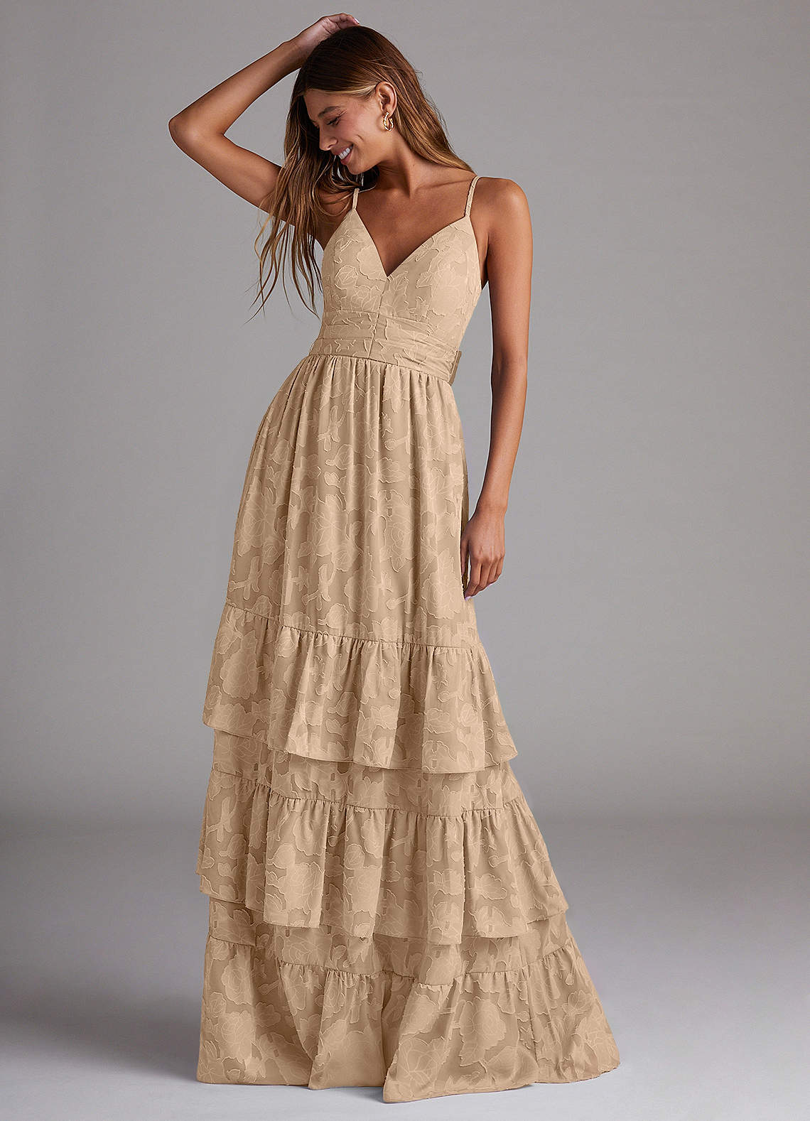 Azazie Nathalia Bridesmaid Dresses Champagne A-Line Bow Floral Burnout Dress image1