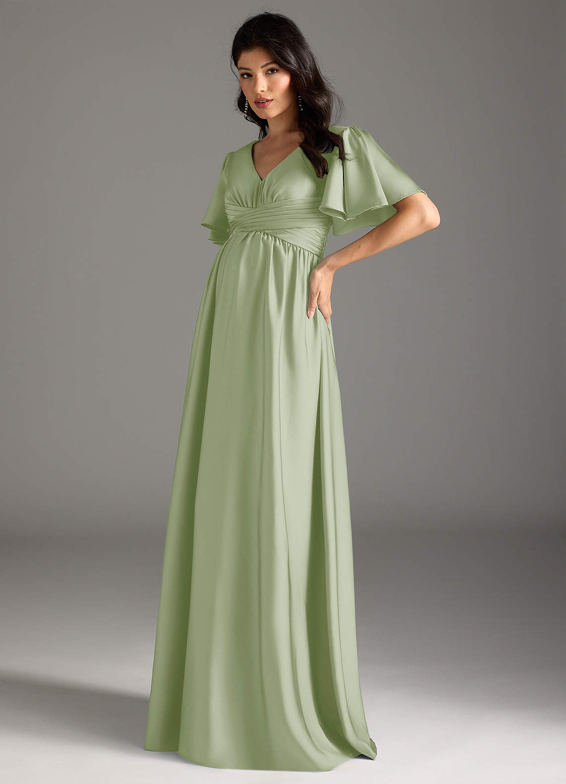 Azazie Verna vestidos de dama de honor de maternidad Vestido de Corte En A Volante Hasta el suelo Satén Elástico image3