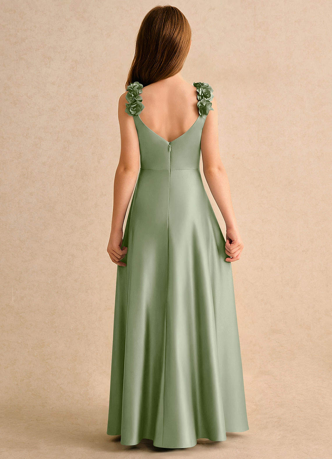 Azazie Rosita Girls Formal Flower Girl Dresses Dusty Sage A-Line Pleated Stretch Satin Dress image4