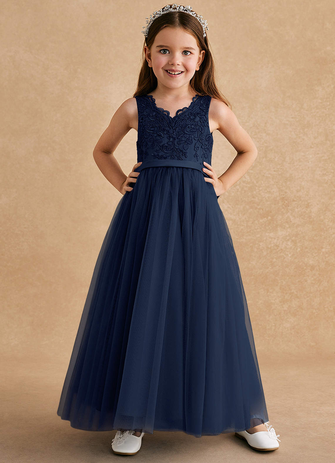 Azazie Cinna Flower Girl Dresses Dark Navy A-Line Lace Tulle Dress image1