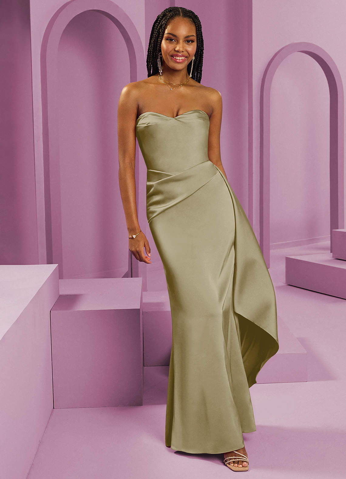 Barbie ♥ Azazie Jurken voor bruidsmeisjes Converteerbaar Jurk van Stretch Satijn met Kolom Strapless Mosgroen image1