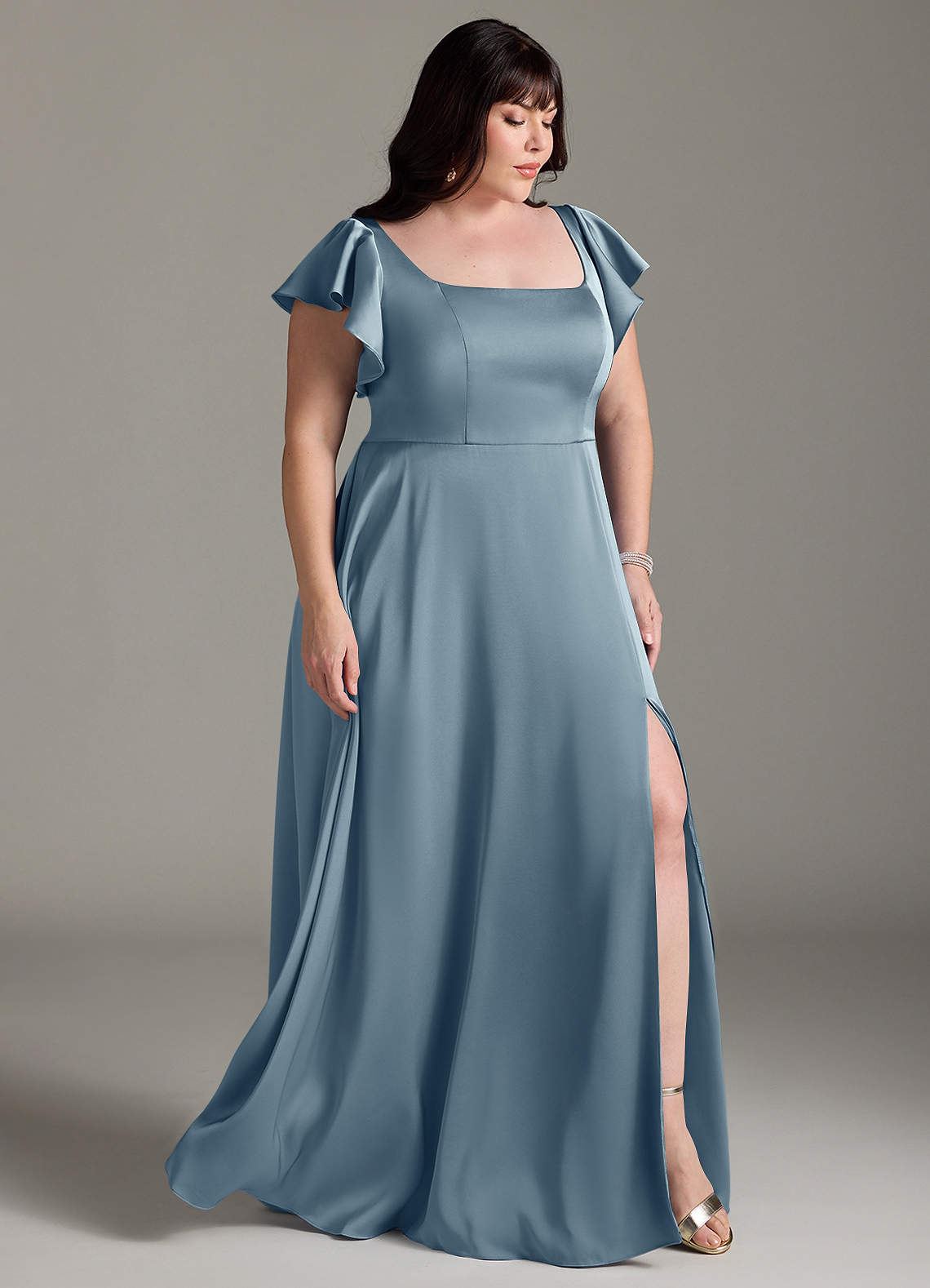 Azazie Bondi Bridesmaid Dresses Dusty Blue A-Line Bow Stretch Satin Dress image9
