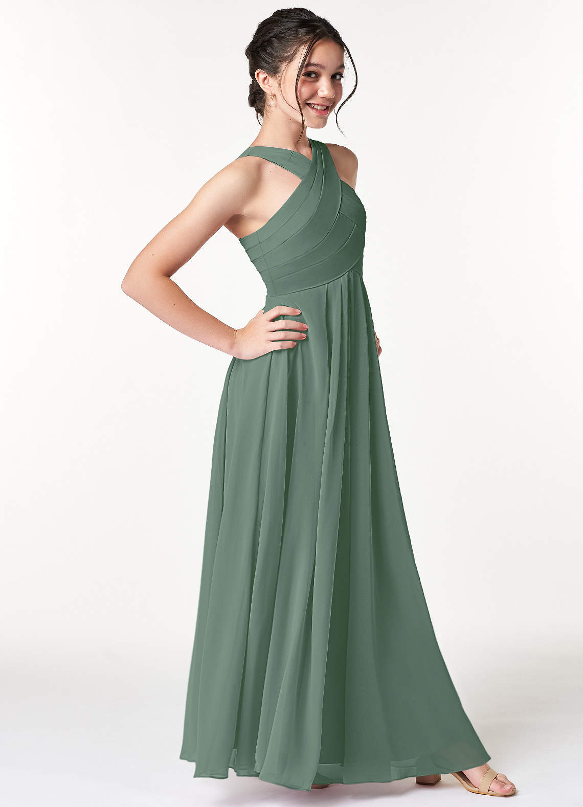 Azazie Kaleigh Junior Vestido Eucalipto de Chiffon de Linha A com Plissado image2