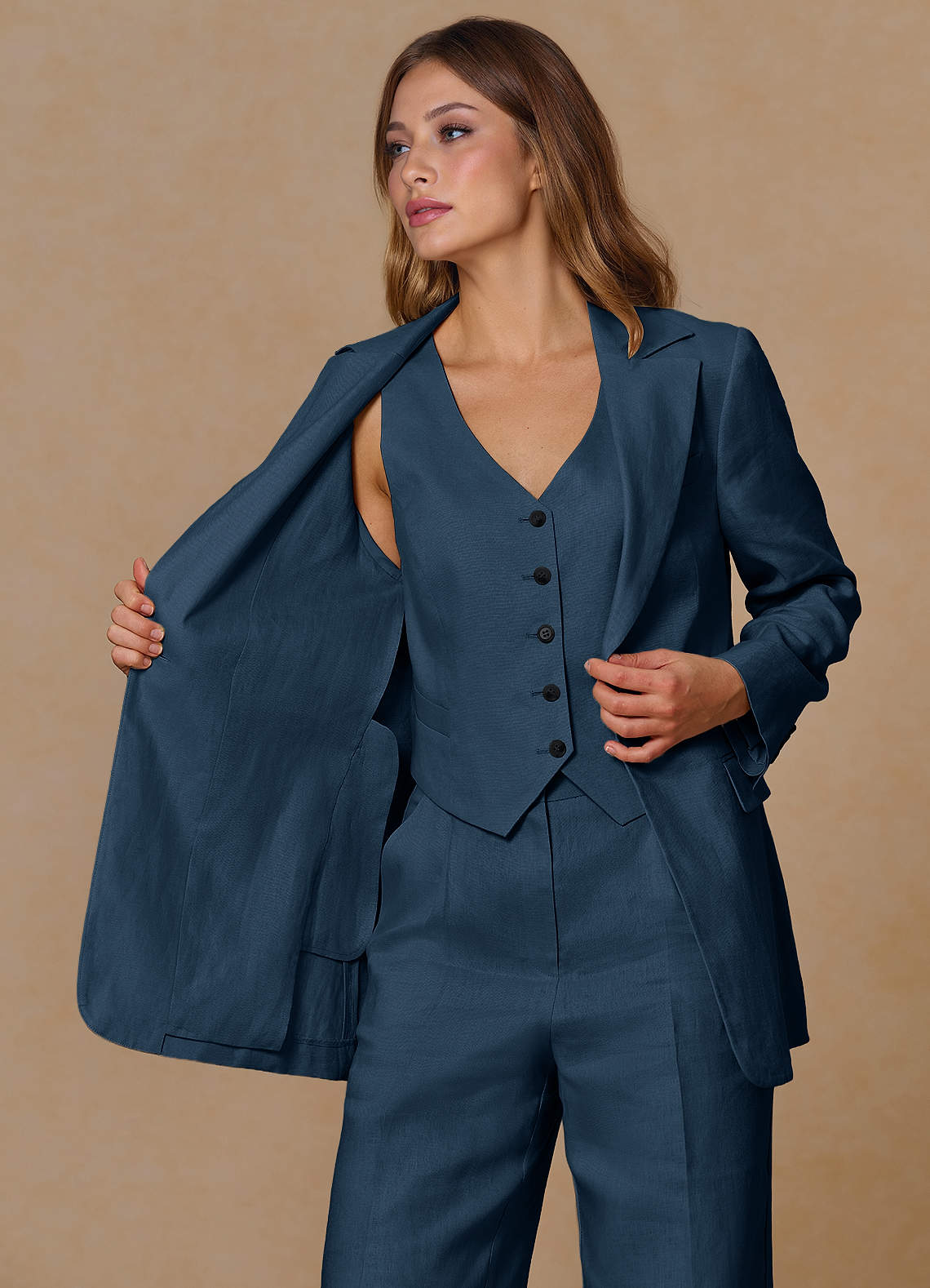 front Belicia Dark Navy 100% Linen Blazer