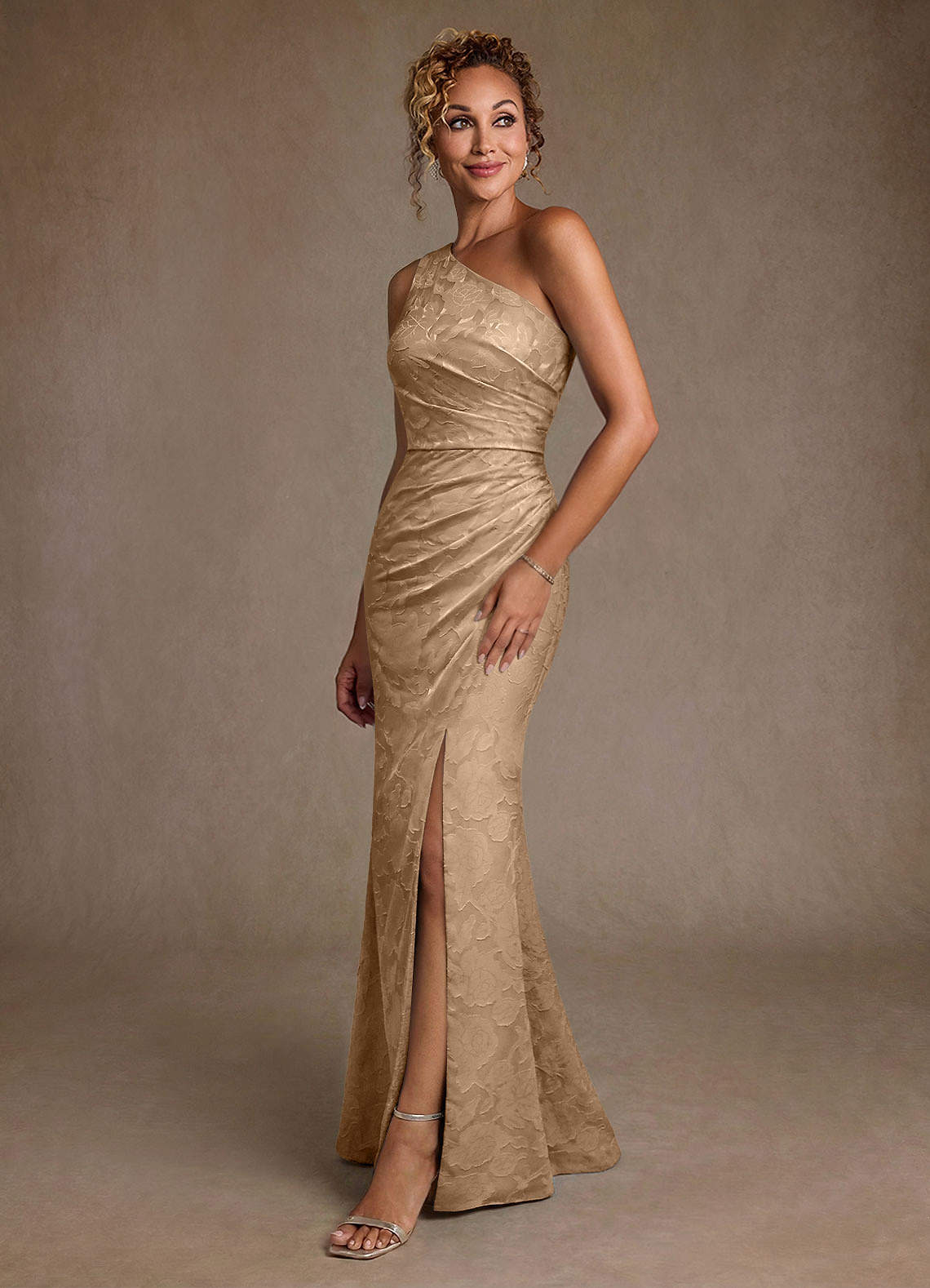 Azazie Joylin Mother of the Bride Dresses Champagne Trumpet One Shoulder Floral Burnout Dress image2