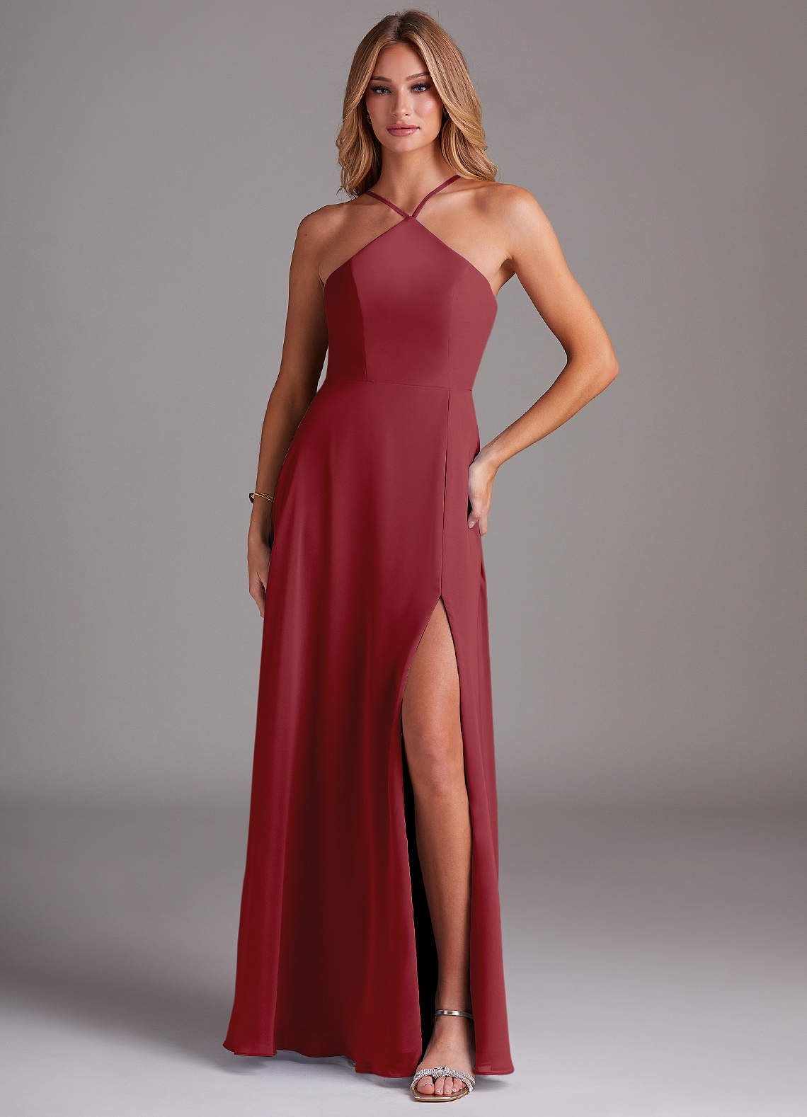 Azazie Bailey Bridesmaid Dresses Pomegranate A-Line Halter Side Slit Chiffon Dress image1
