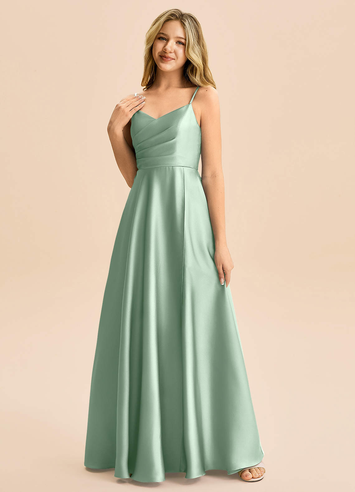 Azazie Rumi Junior Klä av A-Line i Stretch Satin Plisserad image2