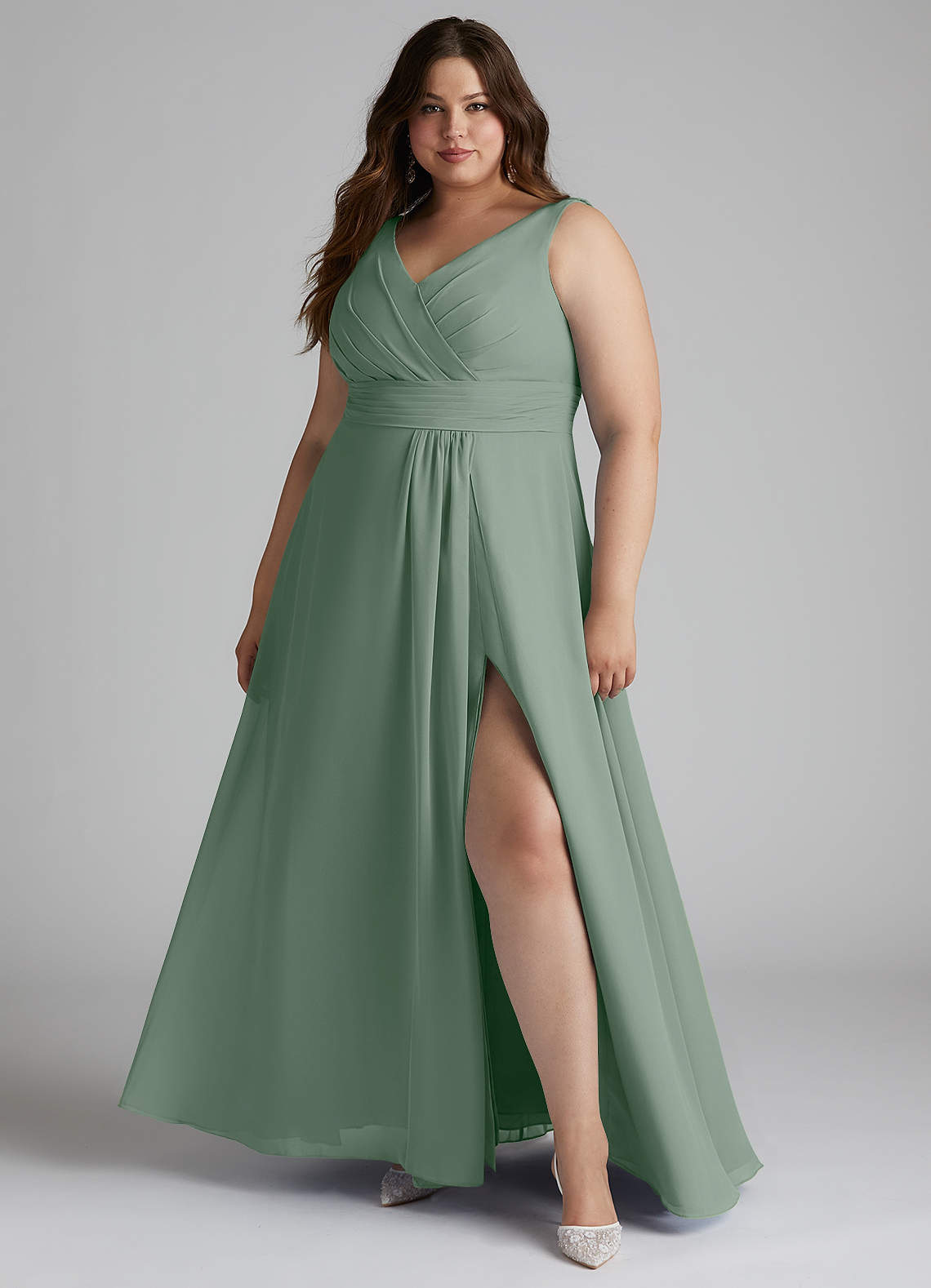 Azazie Karina Bridesmaid Dresses Silver Sage A-Line Pleated Chiffon Dress image1