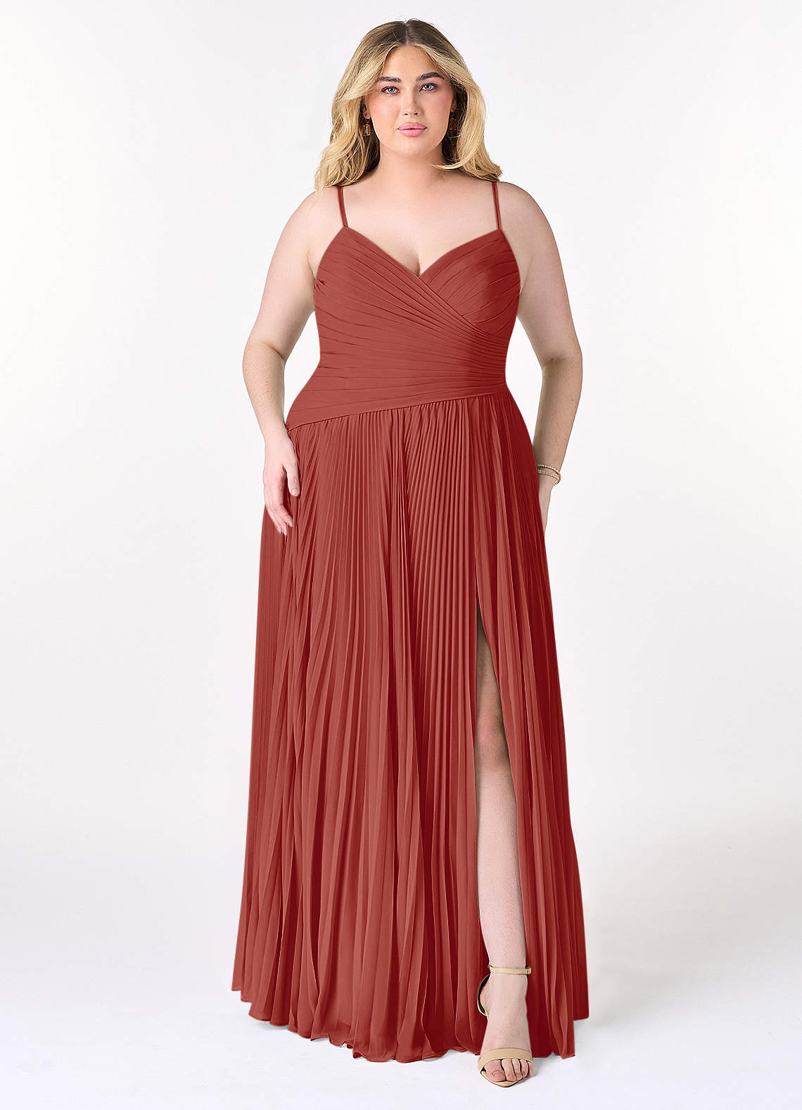 Azazie Vini Bridesmaid Dresses Terracotta A-Line V-Neck Pleated Chiffon Dress image1