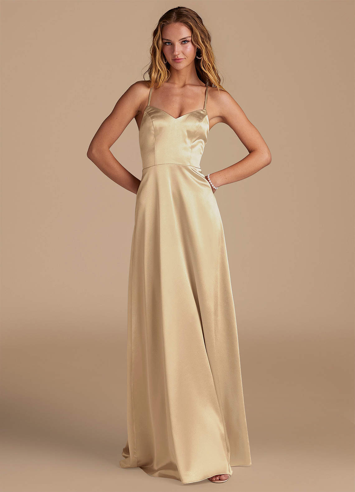 Azazie Mei Brautjungfernkleider A-Linie Metallischer Satin Kleid Champagner image1