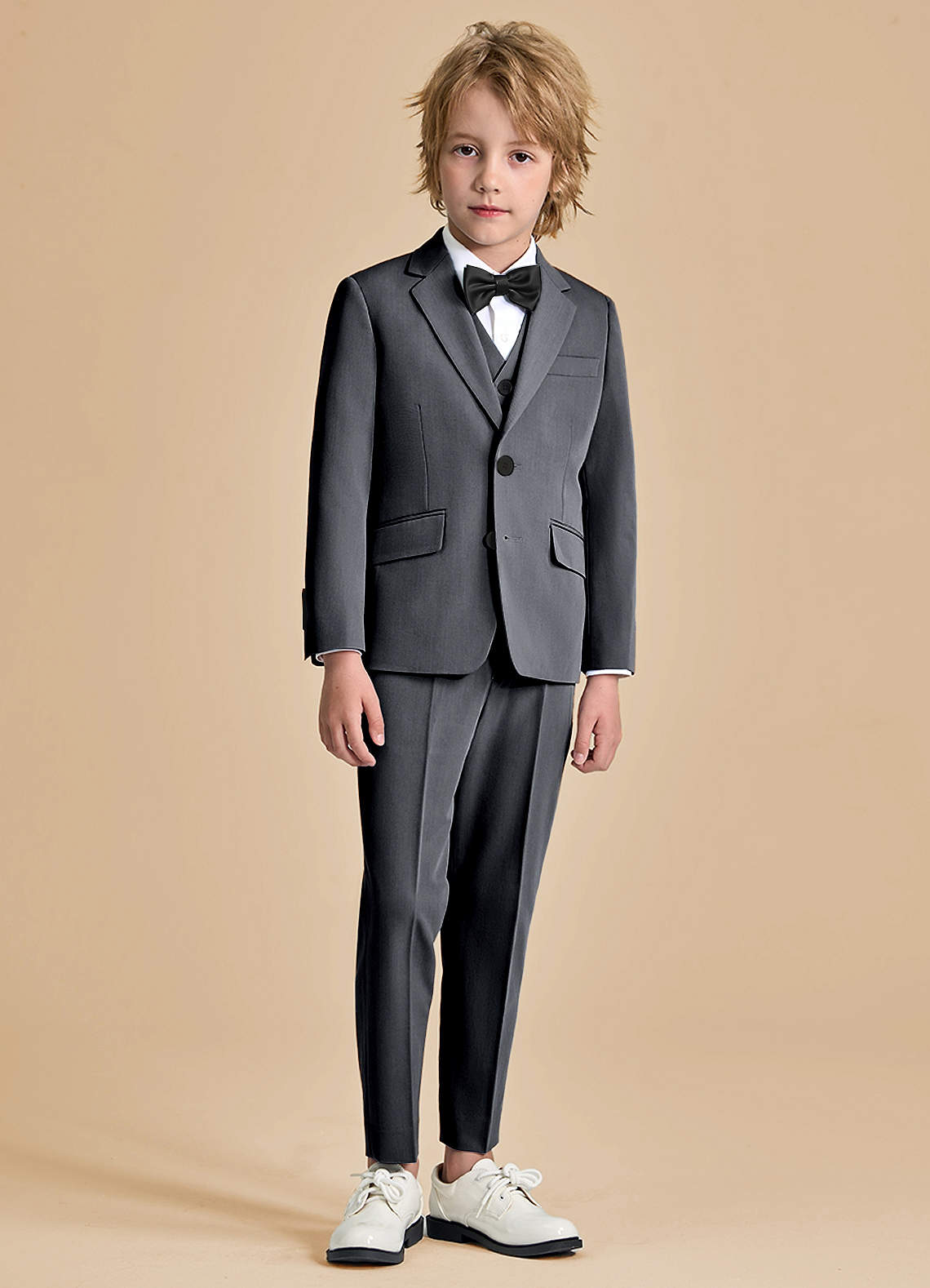 front Oliver Boys Charcoal 5-Piece Suit With Bow Tie