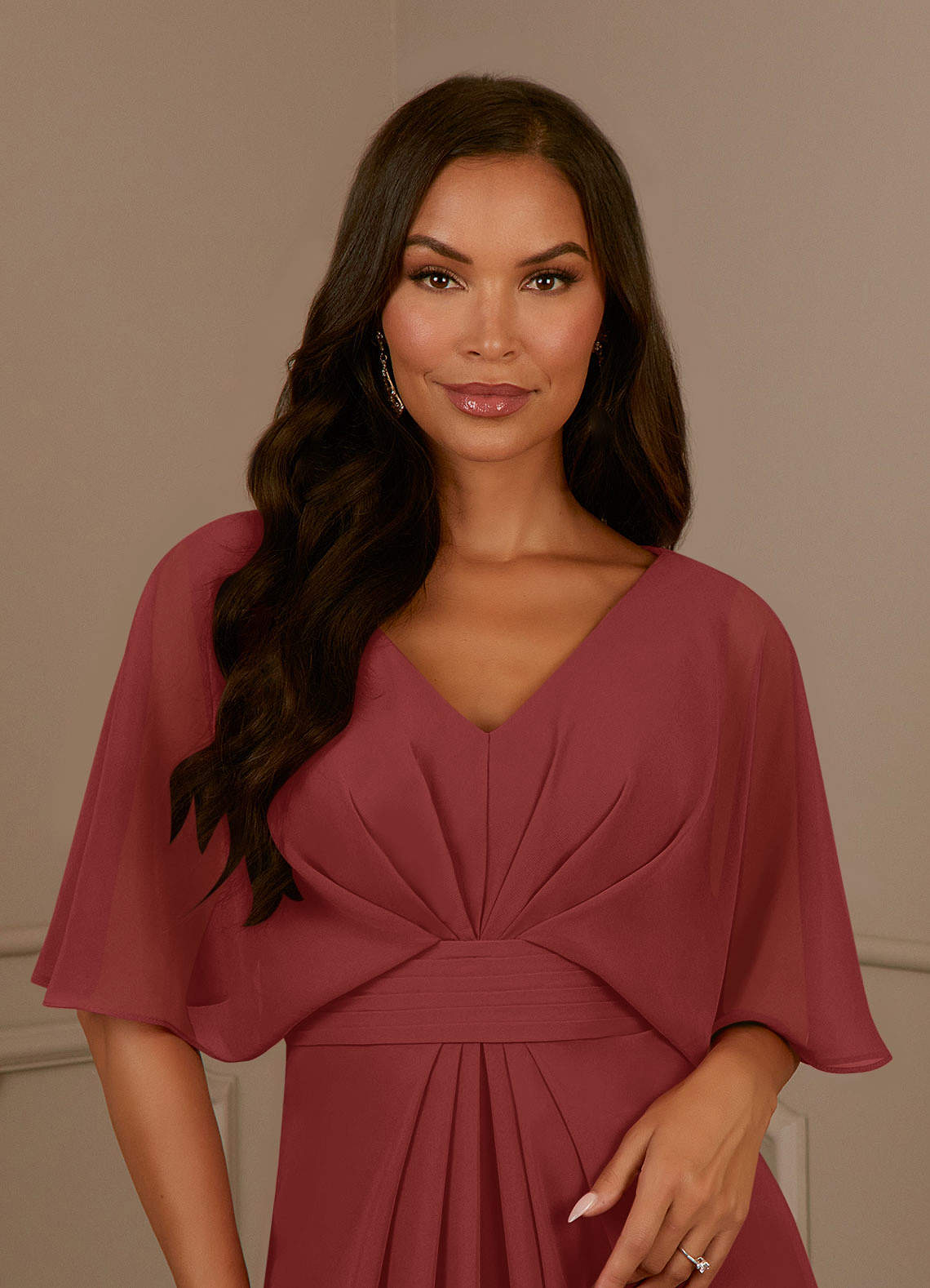 Azazie Oksana Terracotta A-Line V-Neck Pleated Chiffon Dress | Azazie