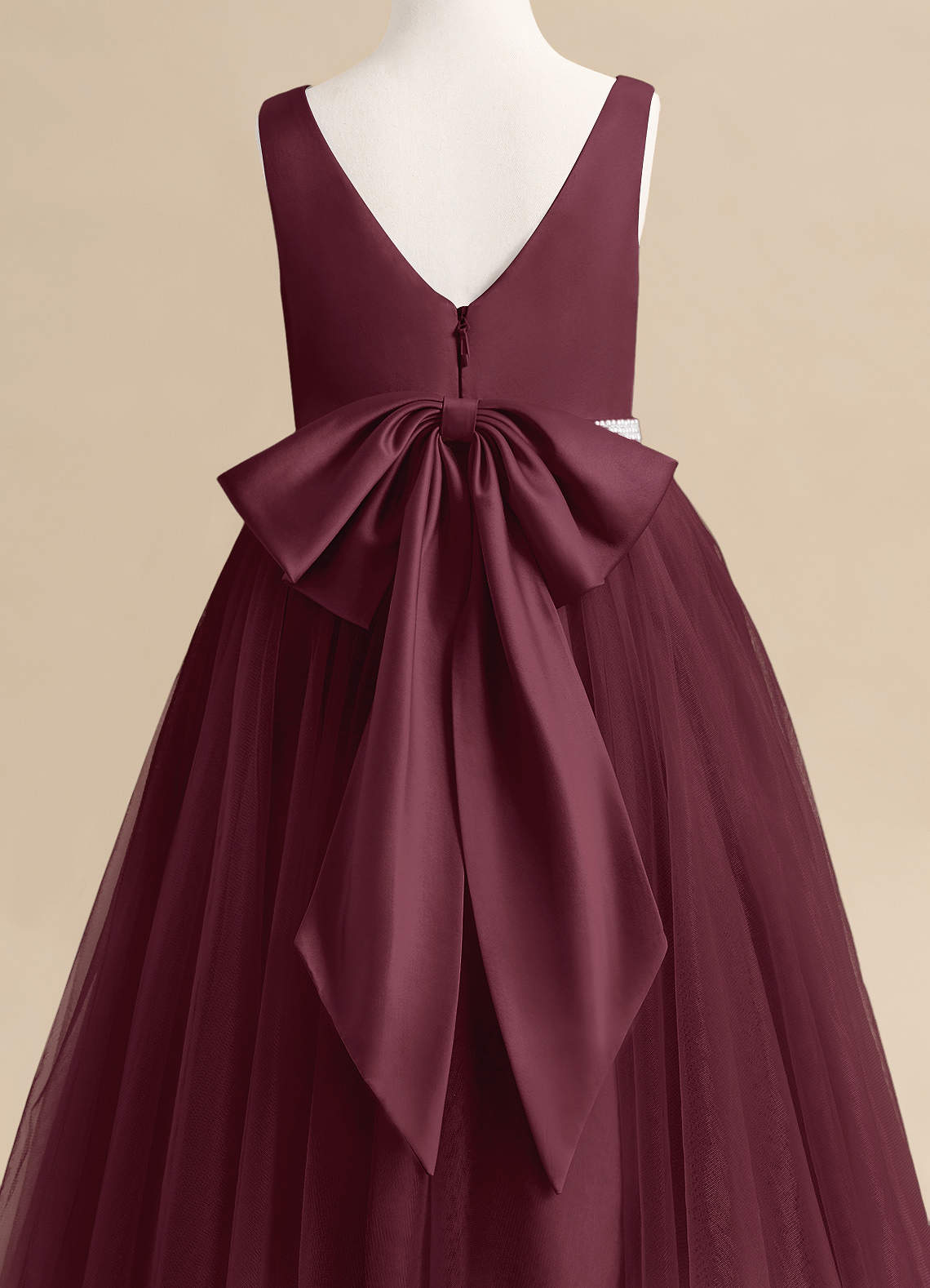 Azazie Firefly Flower Girl Dresses Cabernet A-Line Bow Matte Satin Dress image5