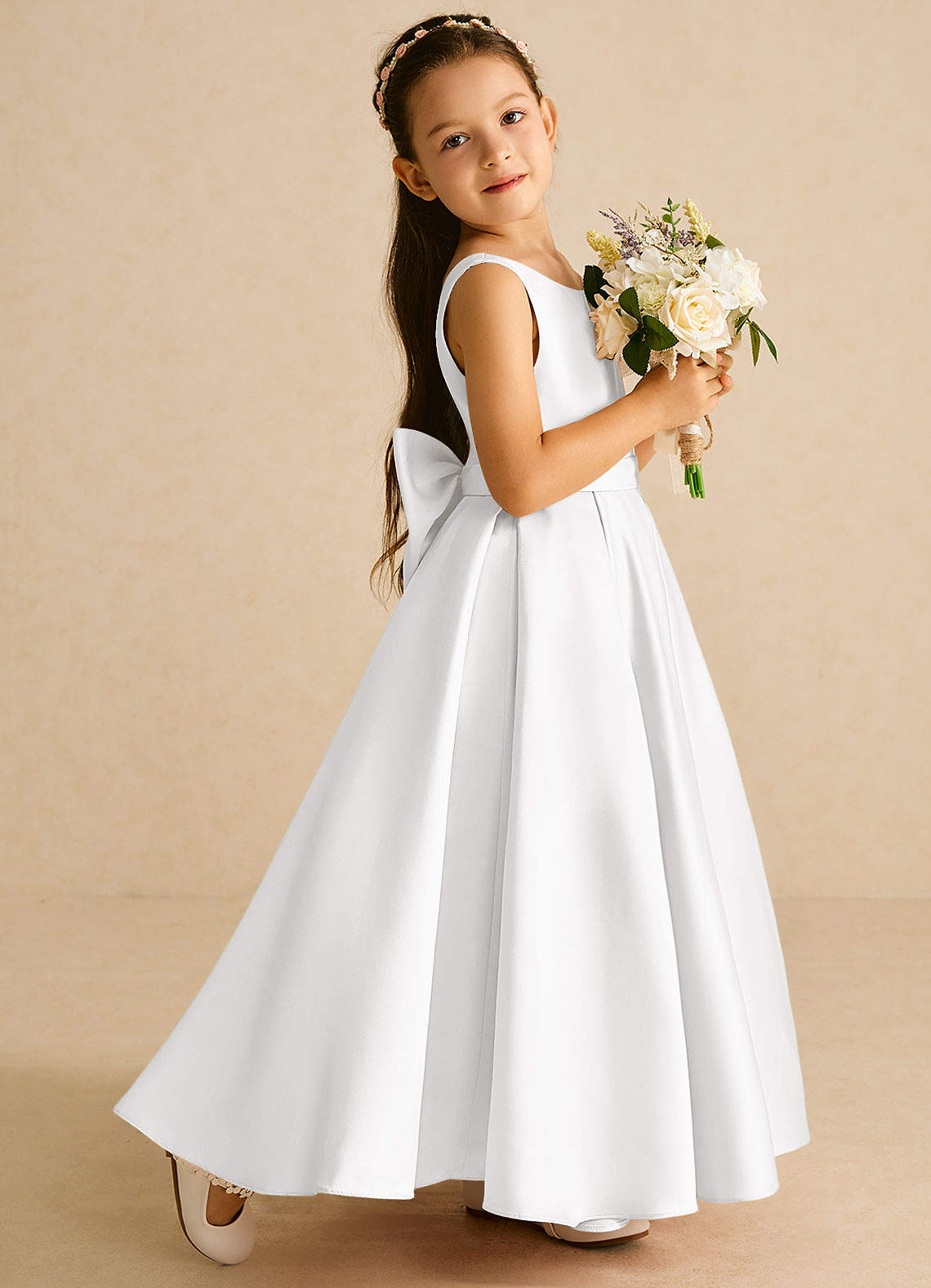 Azazie Pipsy Flower Girl Dresses White A-Line Bow Matte Satin Dress image2