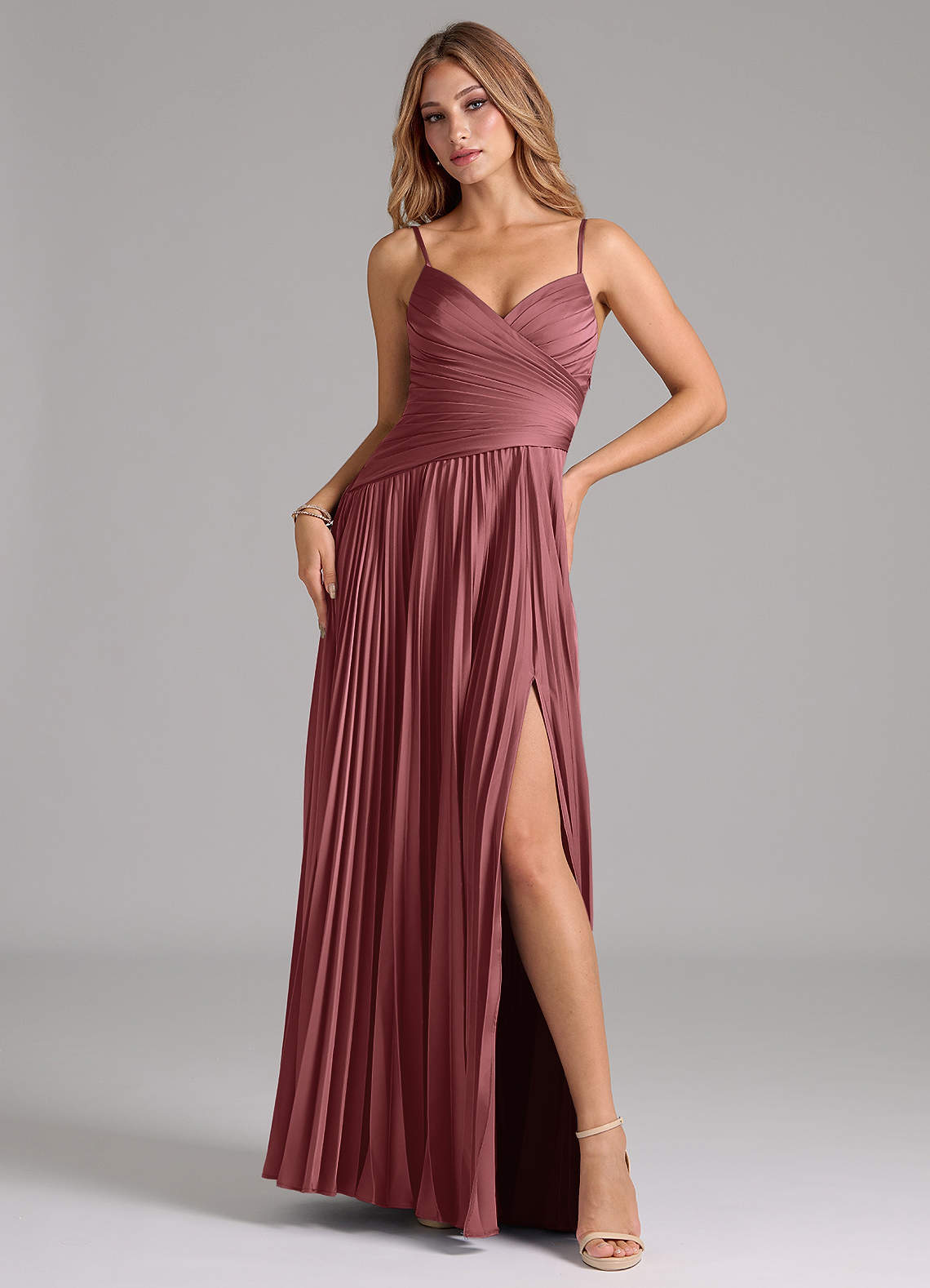 Azazie Vini Bridesmaid Dresses Amethyst A-Line Pleated Stretch Satin Dress image1