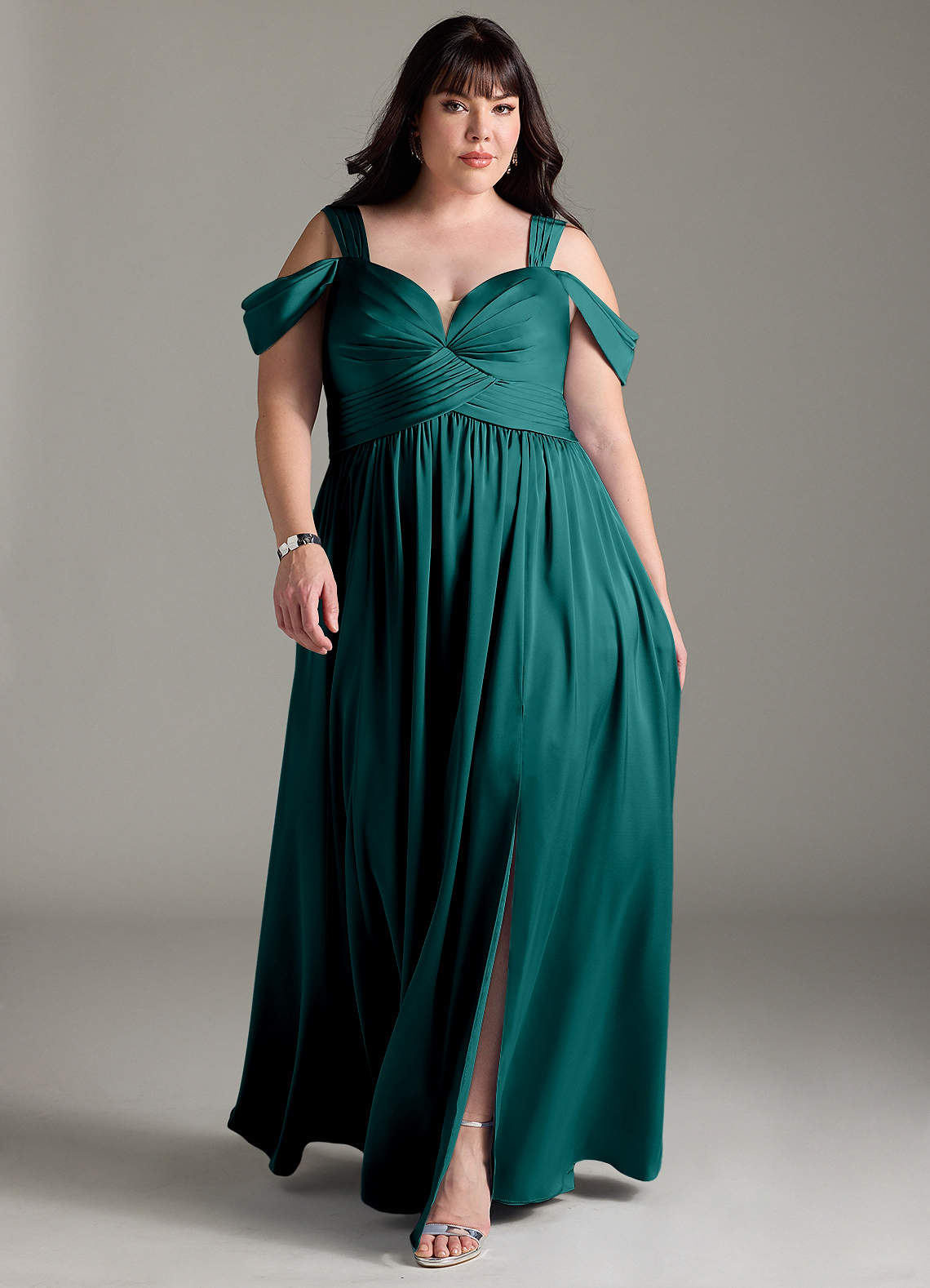 Azazie Lianne Bridesmaid Dresses Peacock A-Line Off the Shoulder Stretch Satin Dress image1