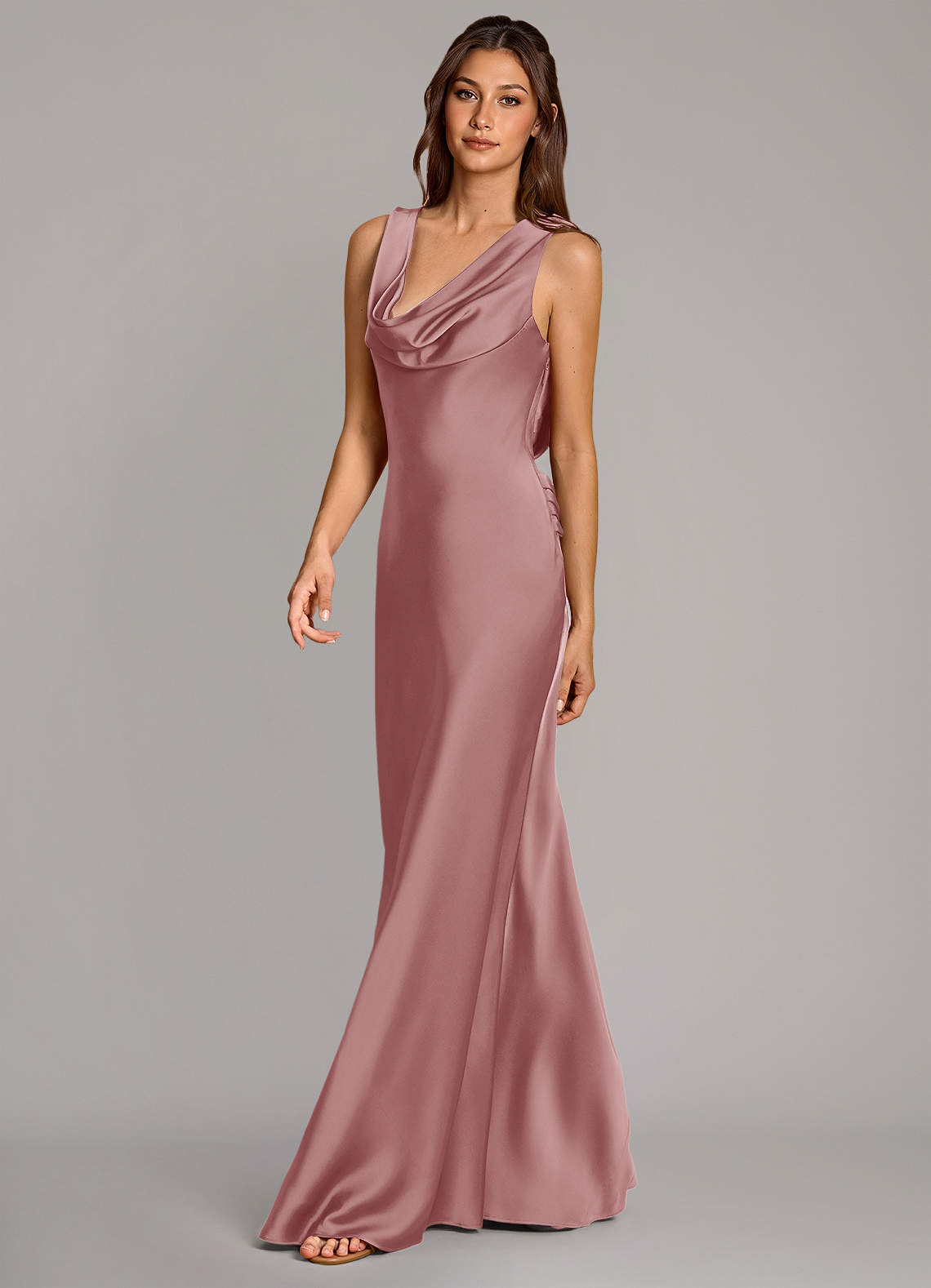 Azazie Cheryl Vestidos de damas de honor Vestido de Rosa Polvorienta de Satén Elástico de Corte Sirena image2