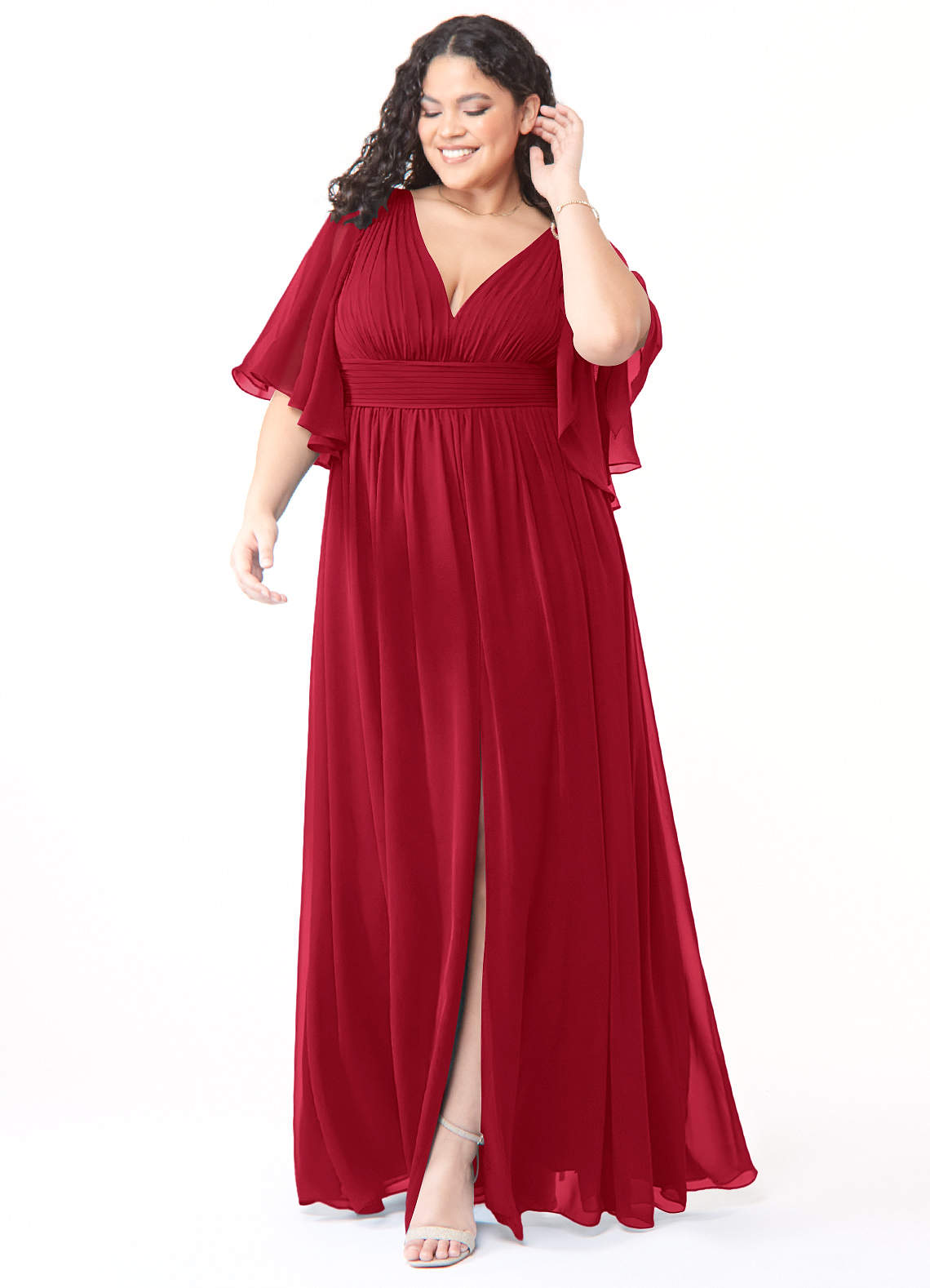 Azazie Temeka Robes de demoiselle d'honneur Robe Trapèze en Mousseline de soie Rayé Écarlate image1