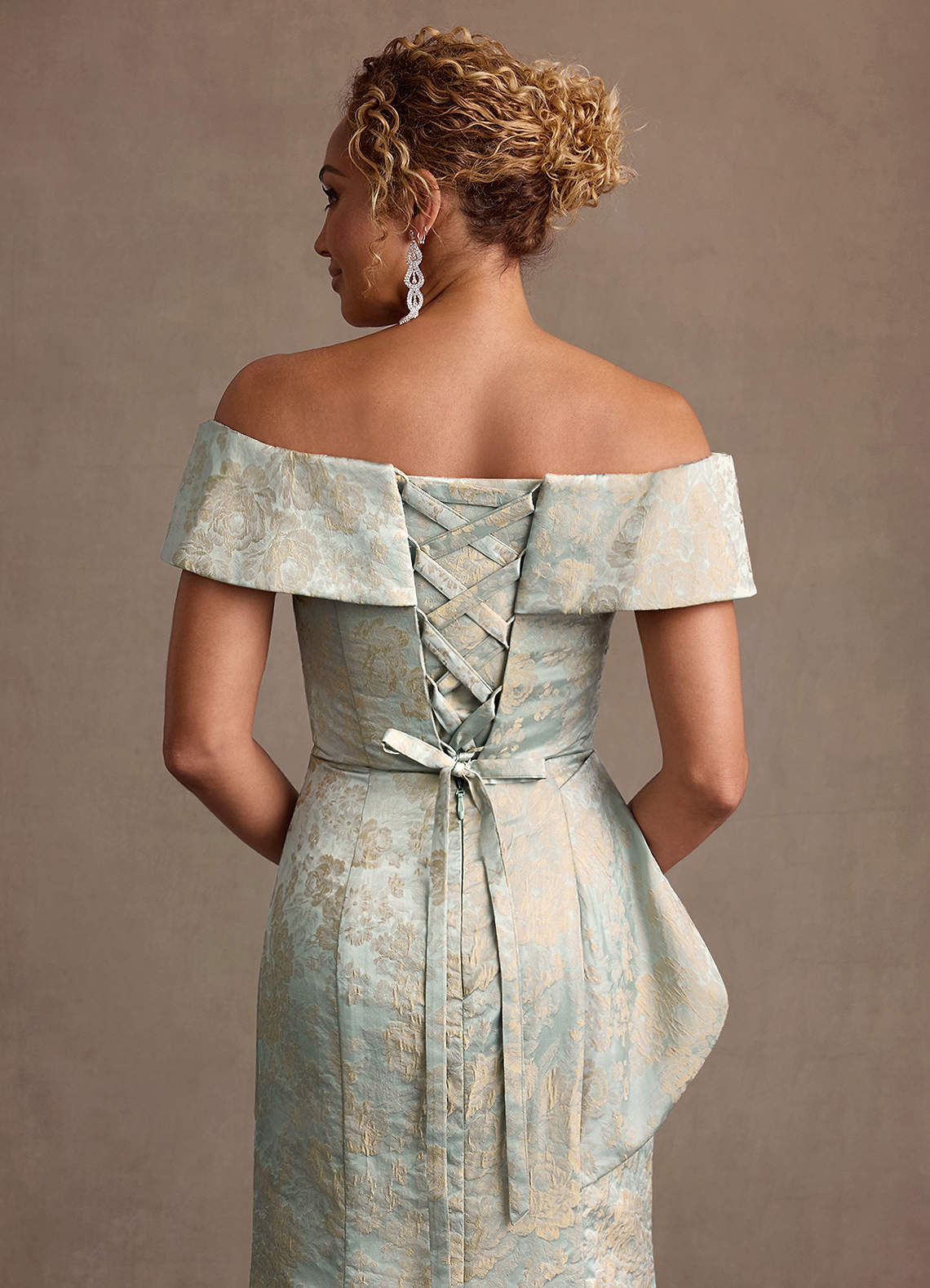 Azazie Kaddar Vintage Blue Sheath Off the Shoulder Floral Jacquard