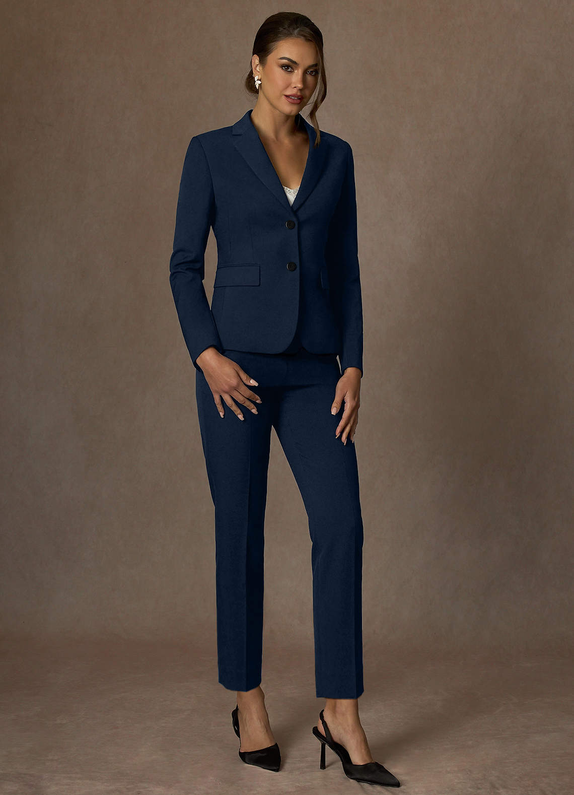 front Whitney Dark Navy Structured Stretch Full Length Pants Suit