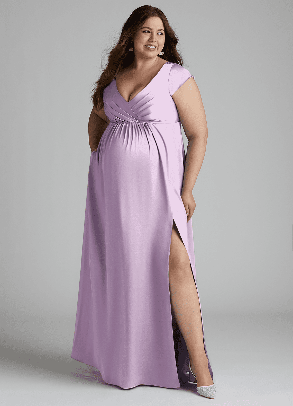 Azazie Allessia At-home Try On Dresses A-Line Pleated Stretch Satin Floor-Length Dress image9