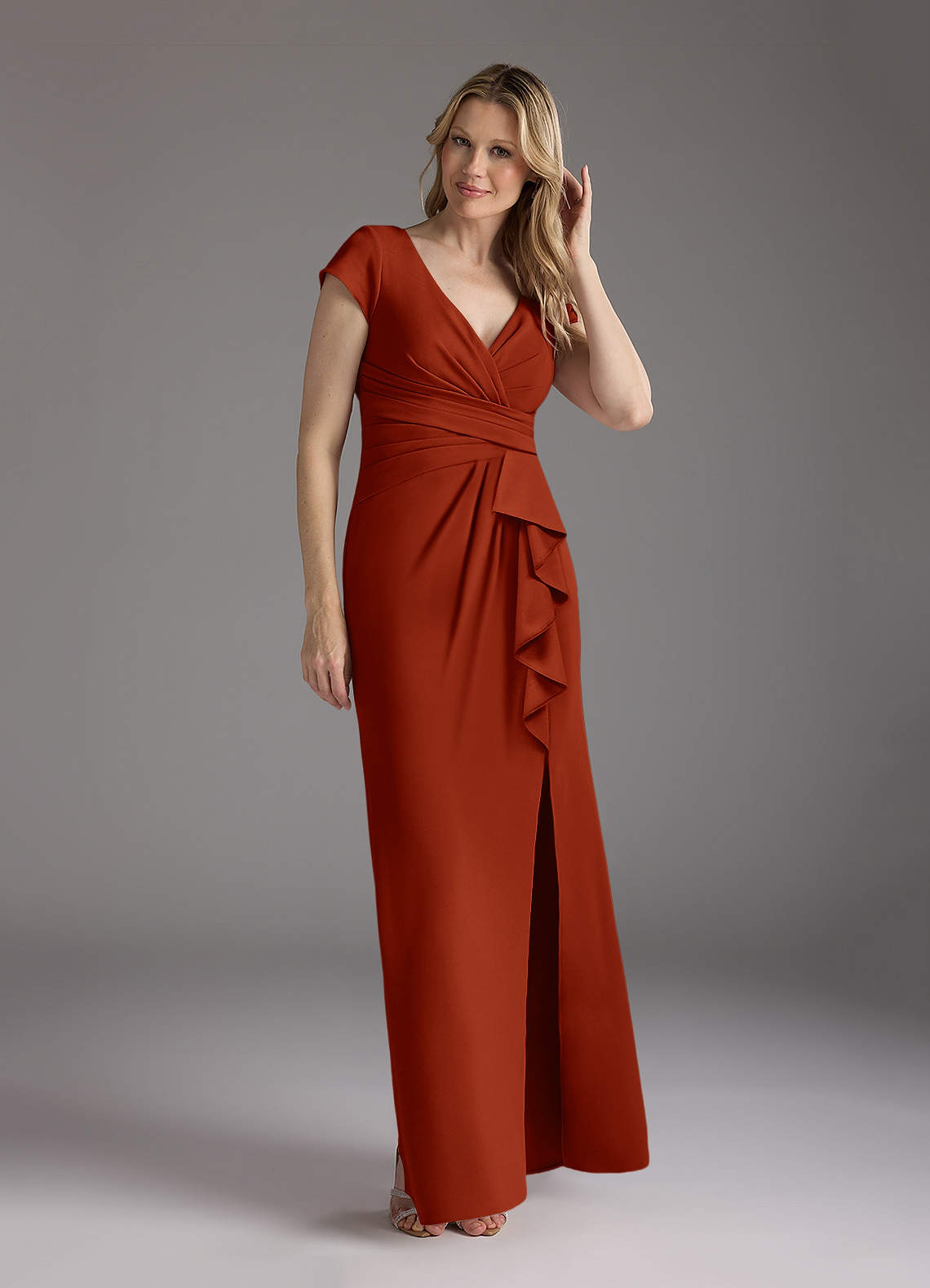 Azazie Tana Mother of the Bride Dresses Rust Mermaid V-Neck Pleated Stretch Crepe Dress image1